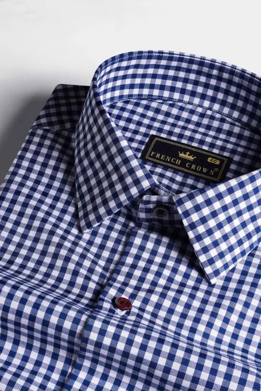 Bright White and Biscay Blue Gingham Checkered Premium Cotton Shirt sold by French Crown