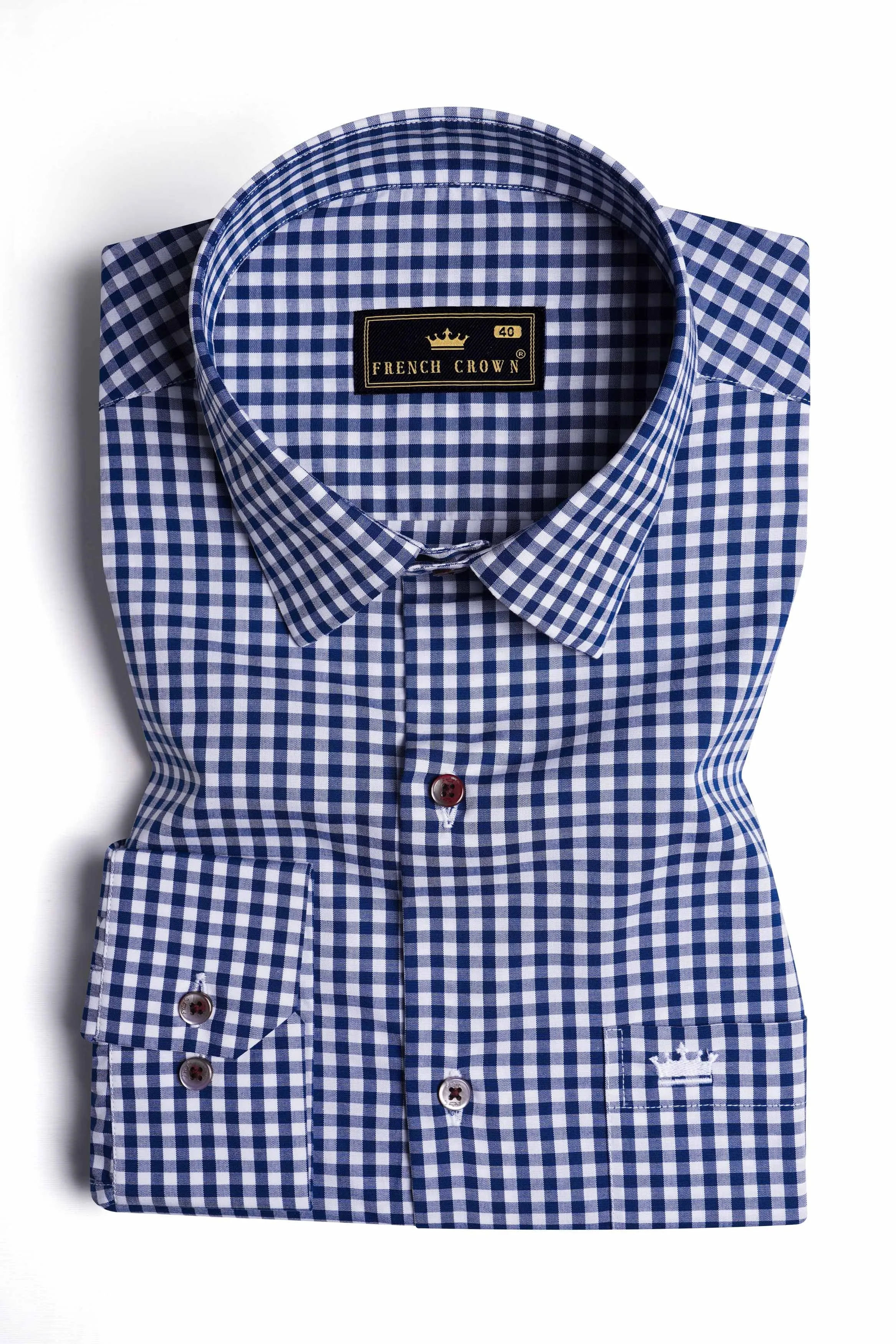 Bright White and Biscay Blue Gingham Checkered Premium Cotton Shirt sold by French Crown product image thumbnail 3
