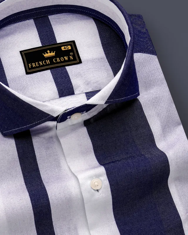 Strivaro-Haiti Blue And Bright White Striped Twill Premium Cotton Semi Formal Shirt sold by French Crown