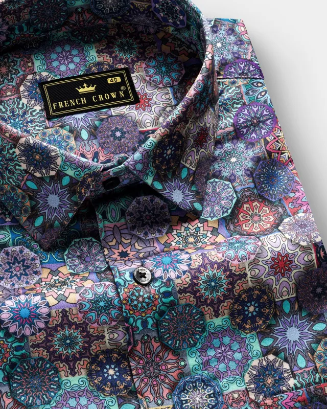 Rhino Blue with Cranberry Red Multicolour Bohemian Printed Super Soft Premium Cotton Shirt sold by French Crown