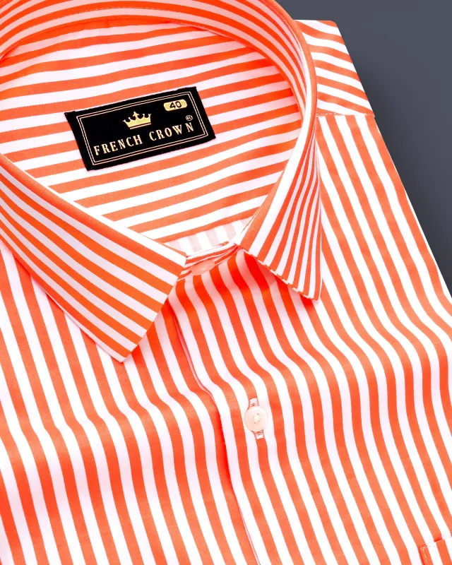 Arancio-Bittersweet Orange And Bright White Candy Striped Subtle Sheen Super Soft Premium Cotton Dress Shirt sold by French Crown