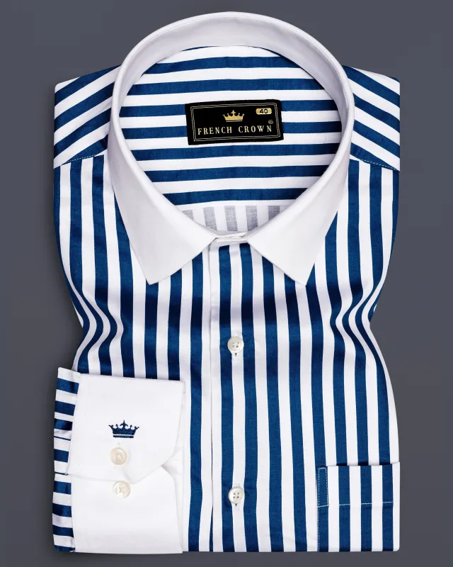 Azzorio-Catalina Blue And Bright White Candy Striped Subtle Sheen Super Soft Premium Cotton Cuff Collar Dress Shirt sold by French Crown