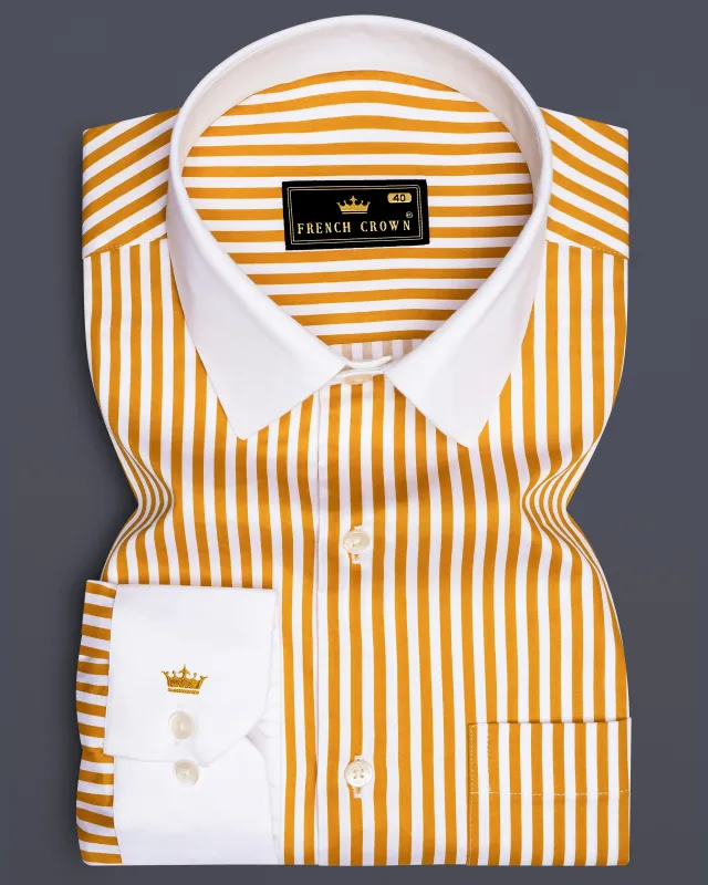 Solaro-Sunshade Yellow And Bright White Candy Striped Subtle Sheen Super Soft Premium Cotton Cuff Collar Dress Shirt sold by French Crown