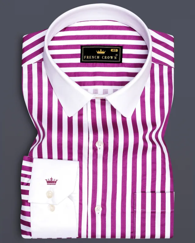 Candrosa-Fuchsia Purple And Bright White Candy Striped Subtle Sheen Super Soft Premium Cotton Cuff Collar Dress Shirt sold by French Crown