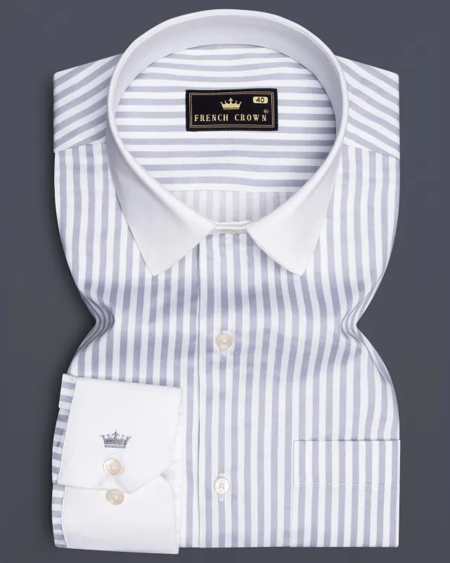 Strivaro-Aluminium Gray And Bright White Candy Striped Subtle Sheen Super Soft Premium Cotton Cuff Collar Dress Shirt sold by French Crown