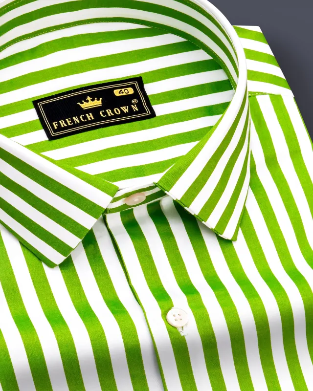Lustrivon-Citrus Green And Bright White Candy Striped Subtle Sheen Super Soft Premium Cotton Dress Shirt sold by French Crown