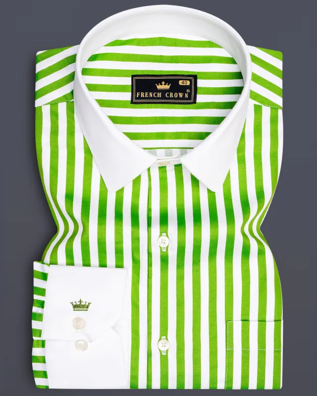 Lustrivon-Citrus Green And Bright White Candy Striped Subtle Sheen Super Soft Premium Cotton White Cuff Collar Dress Shirt sold by French Crown