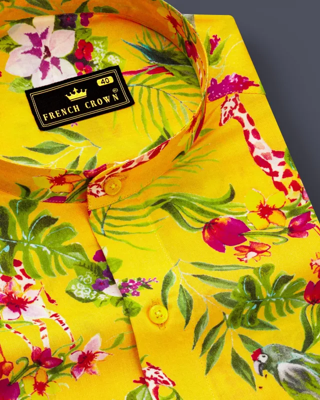 Aurevia-Supernova Yellow And Mustard Green Floral Printed Light weight Premium Giza Cotton Casual Shirt sold by French Crown