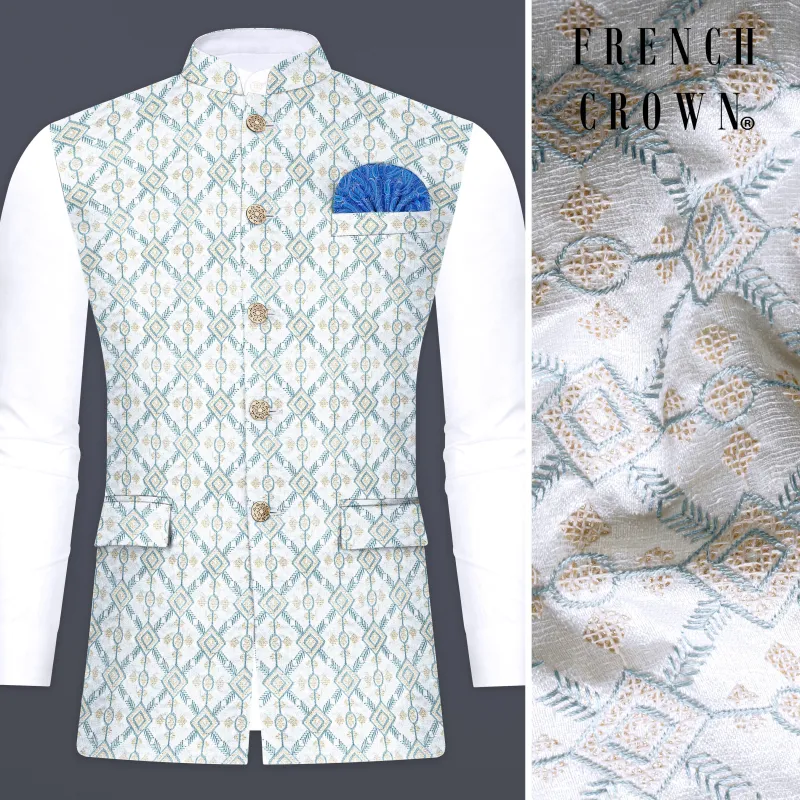 Bright White And Metallic Blue Trellis Thread Embroidered Nehru Jacket sold by French Crown