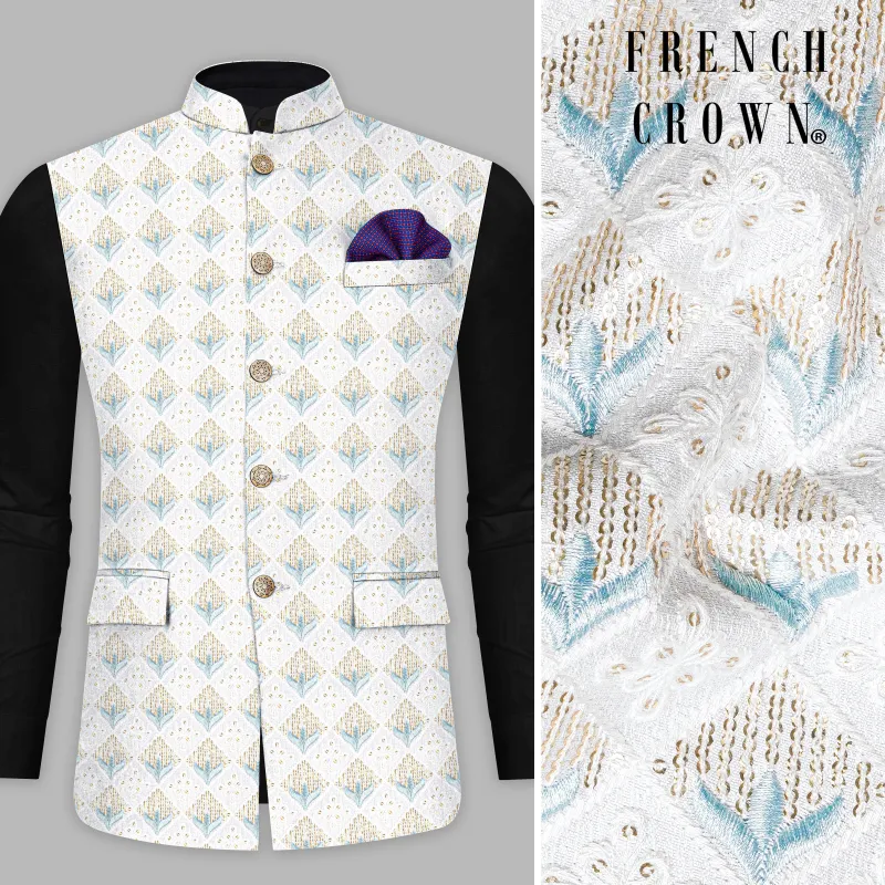 Sand Cream Geometric Sequin and Thread Embroidered Nehru Jacket sold by French Crown
