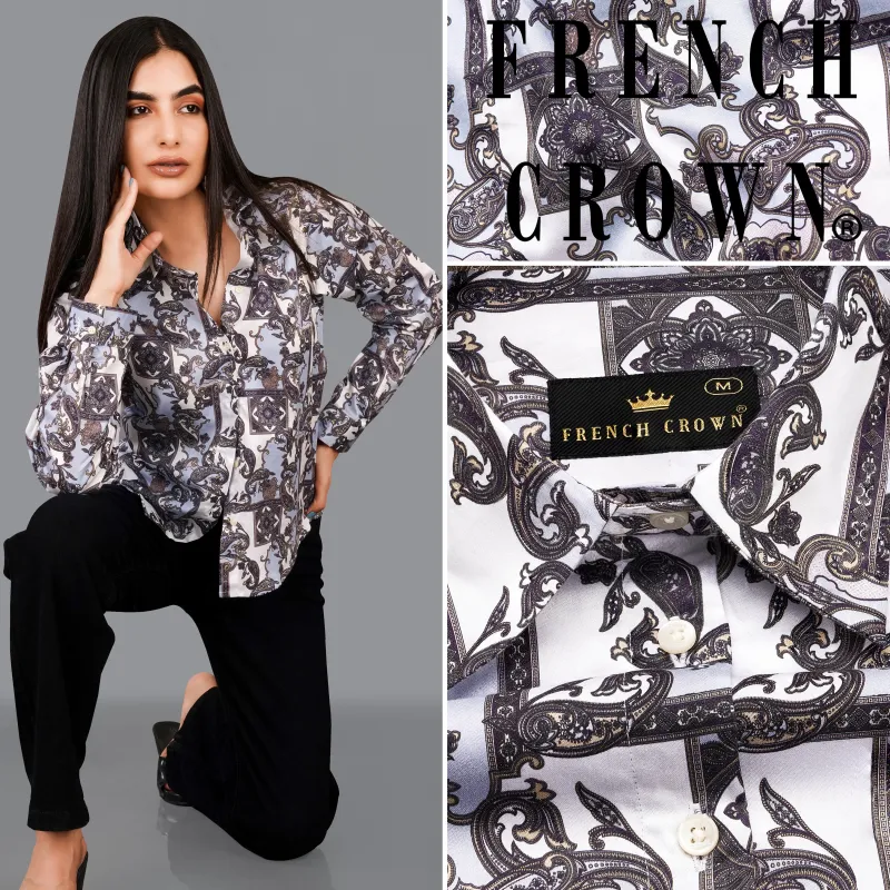Bright White with Casper Blue Paisley Printed Premium Cotton Shirt sold by French Crown