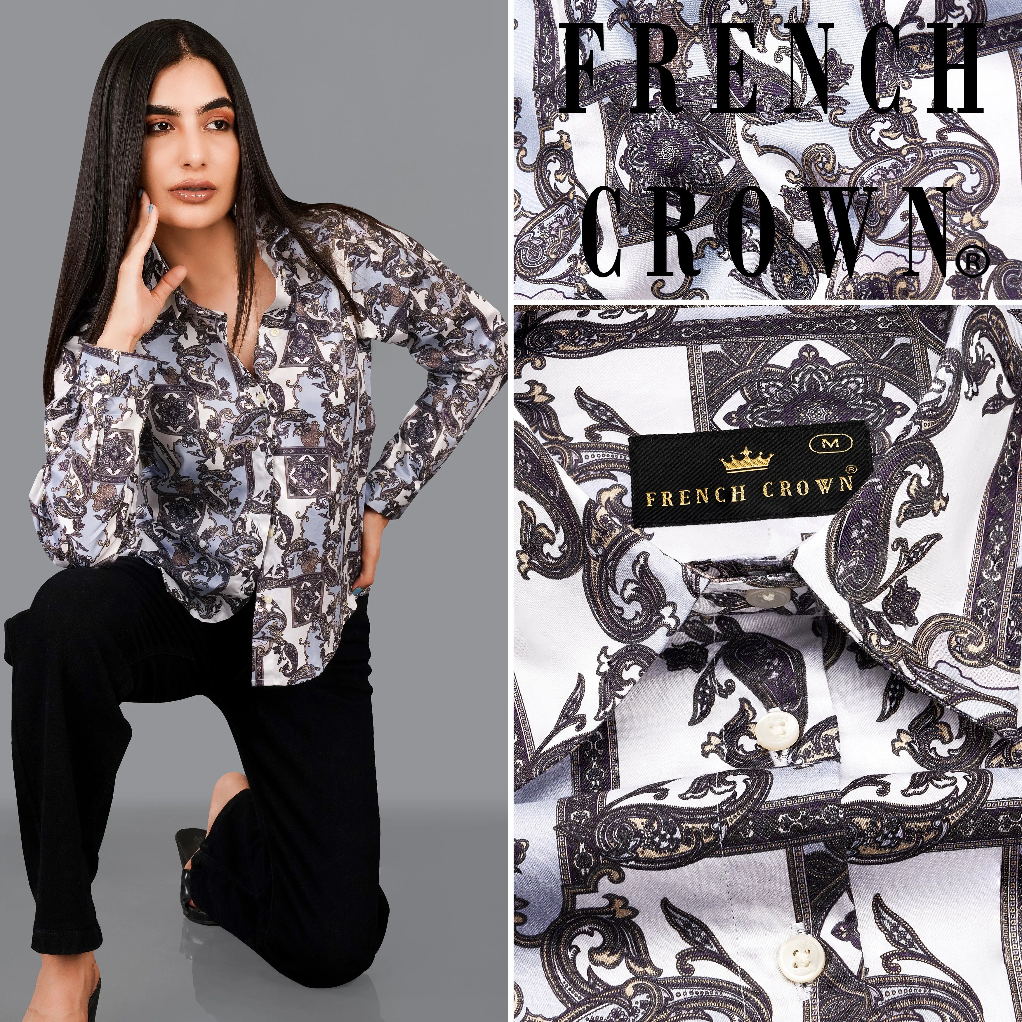 Bright White with Casper Blue Paisley Printed Premium Cotton Shirt sold by French Crown