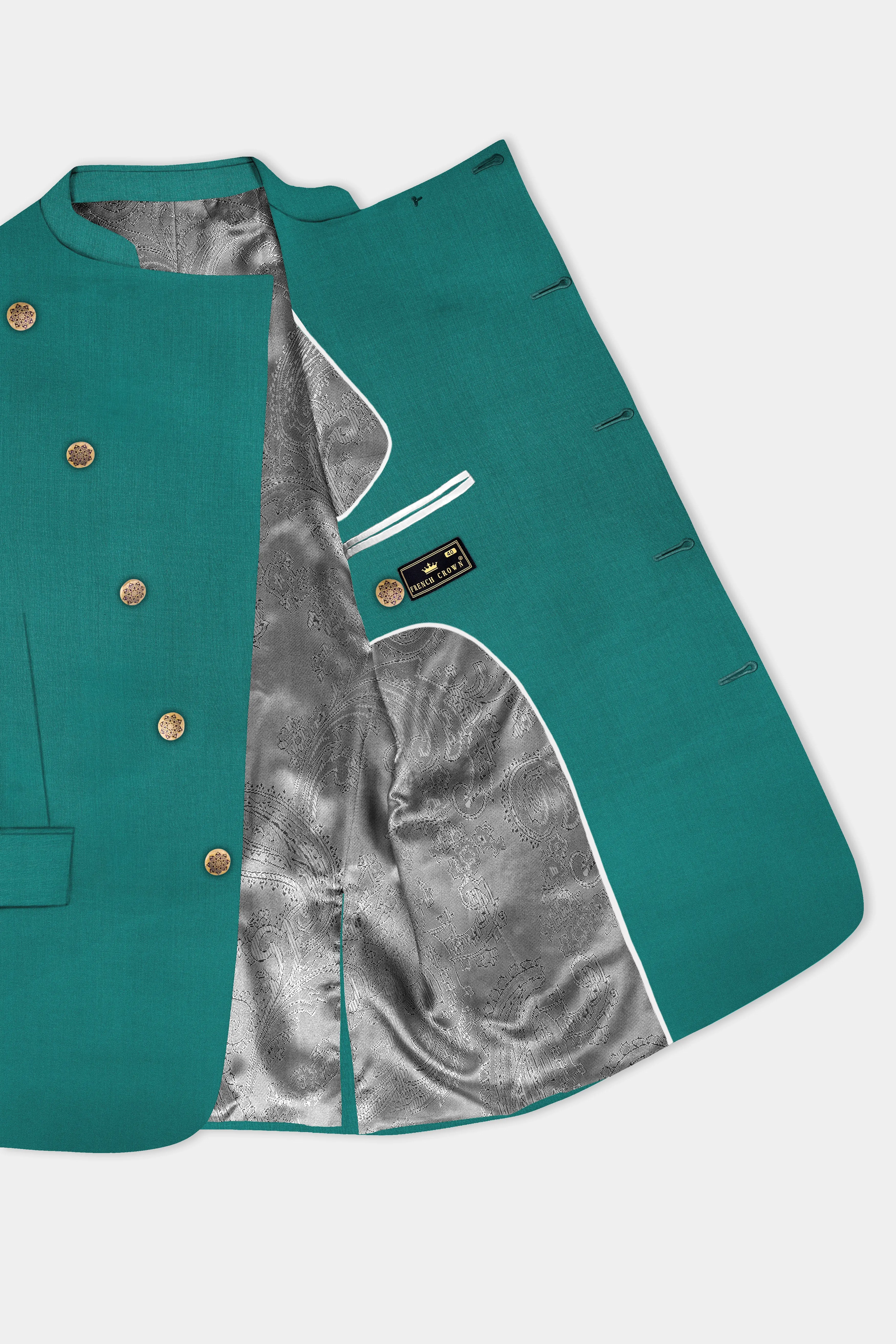 Verdant Classic-Surfie Green Solid Wool Rich Cross Placket Bandhgala Slight Stretch Blazer sold by French Crown product image thumbnail 4