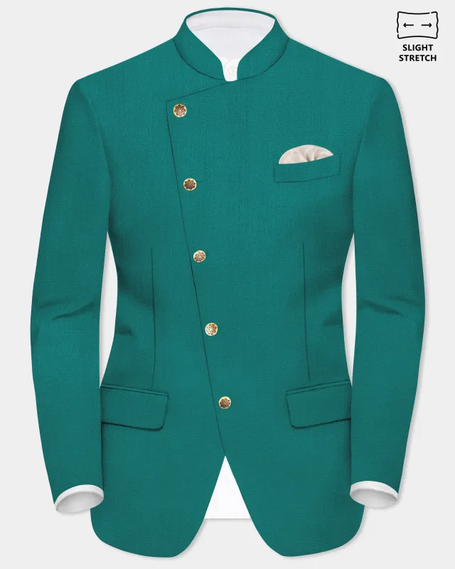 Verdant Classic-Surfie Green Solid Wool Rich Cross Placket Bandhgala Slight Stretch Blazer sold by French Crown