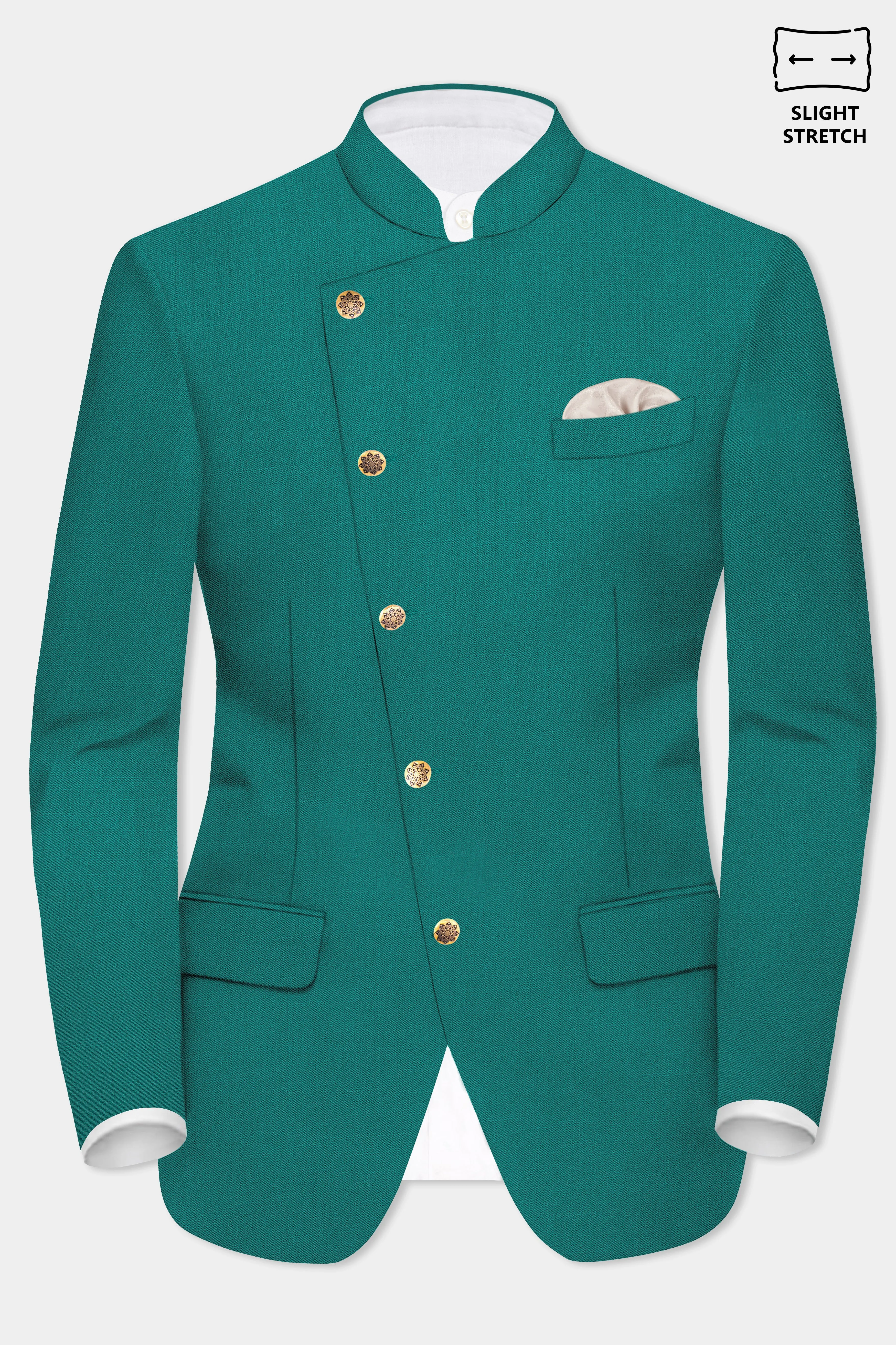 Verdant Classic-Surfie Green Solid Wool Rich Cross Placket Bandhgala Slight Stretch Blazer sold by French Crown product image thumbnail 2