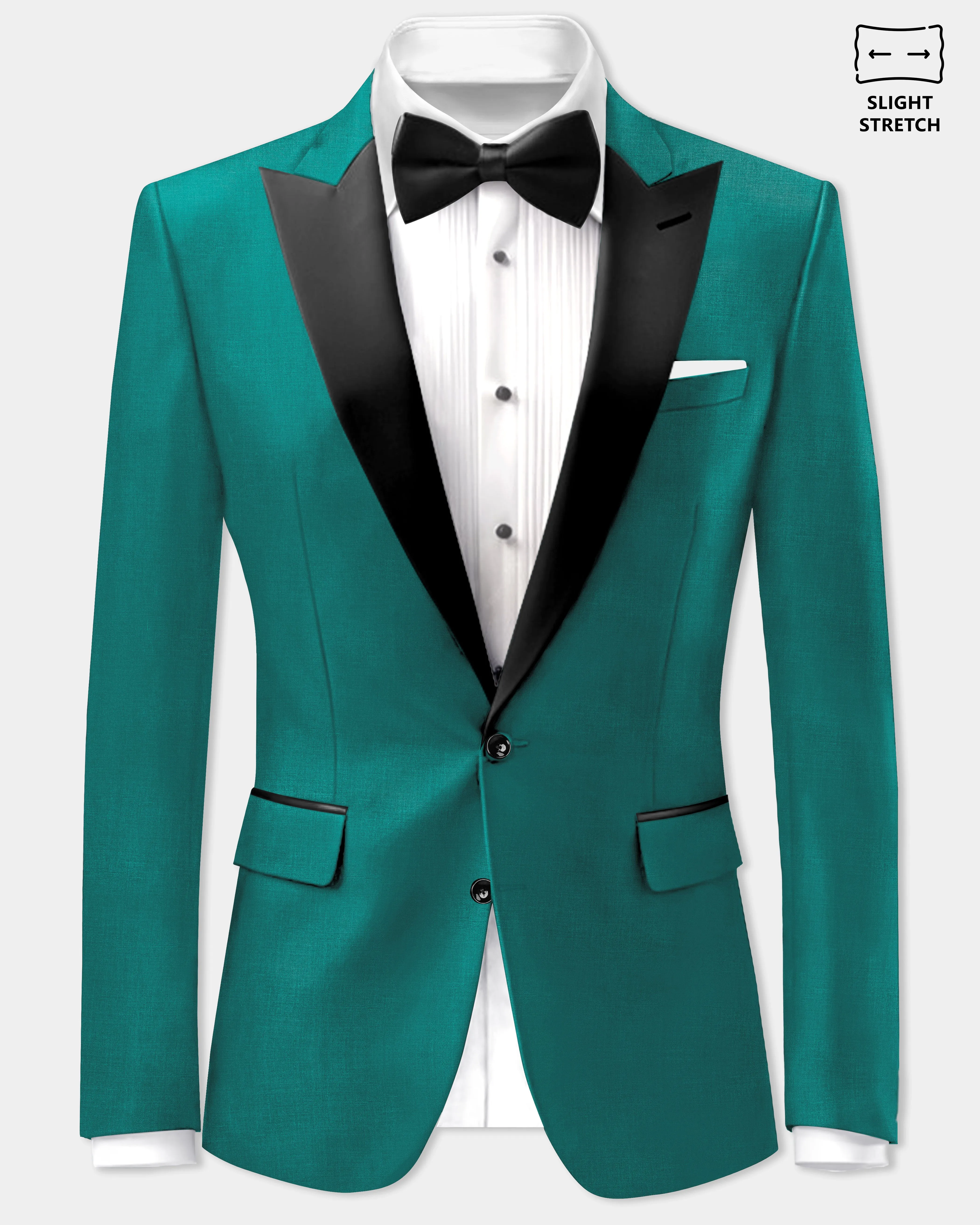 Verdant Classic-Surfie Green Solid Wool Rich Peak Lapel Tuxedo Slight Stretch Blazer sold by French Crown