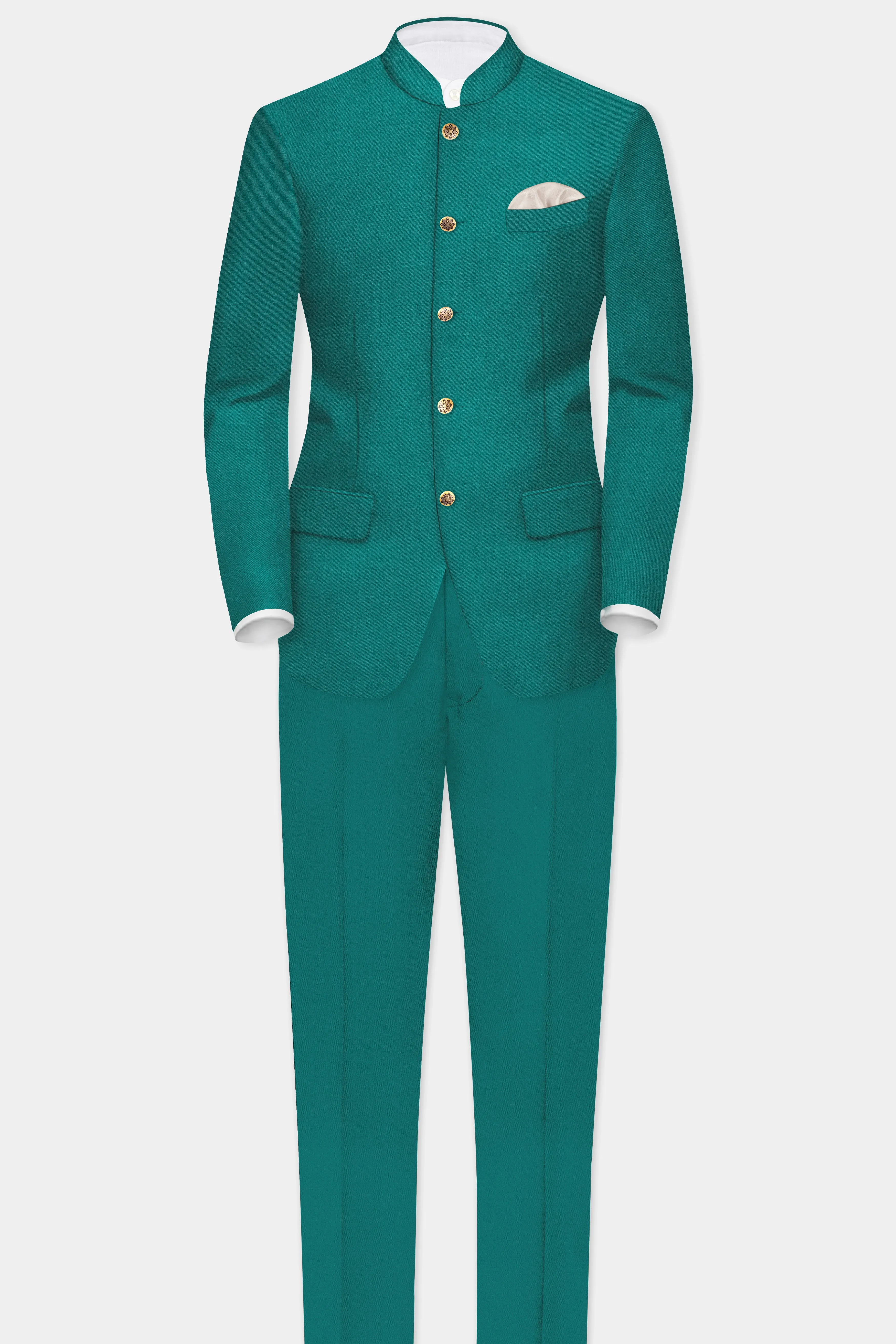 Verdant Classic-Surfie Green Solid Wool Rich Bandhgala Slight Stretch Suit sold by French Crown product image thumbnail 4