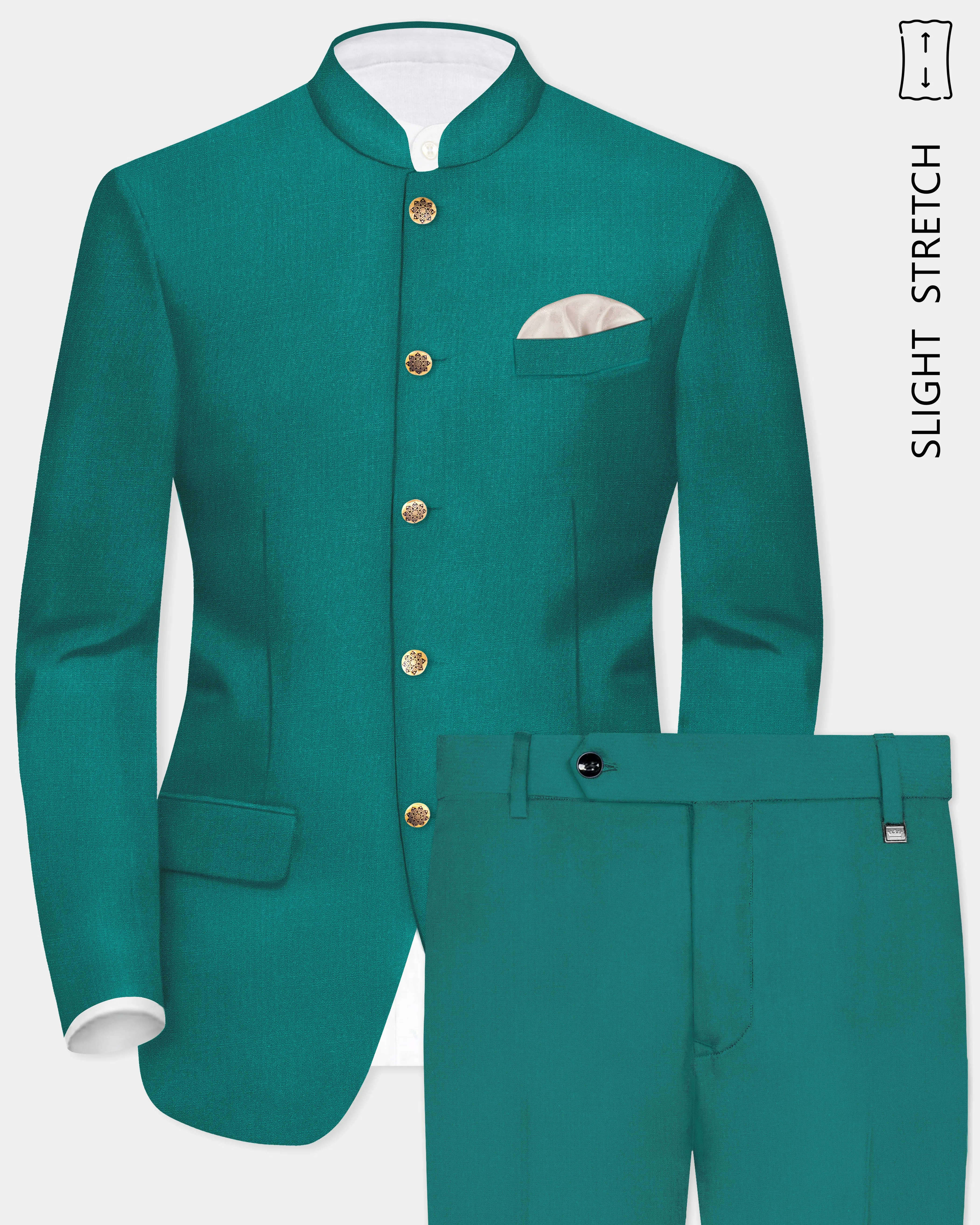 Verdant Classic-Surfie Green Solid Wool Rich Bandhgala Slight Stretch Suit sold by French Crown