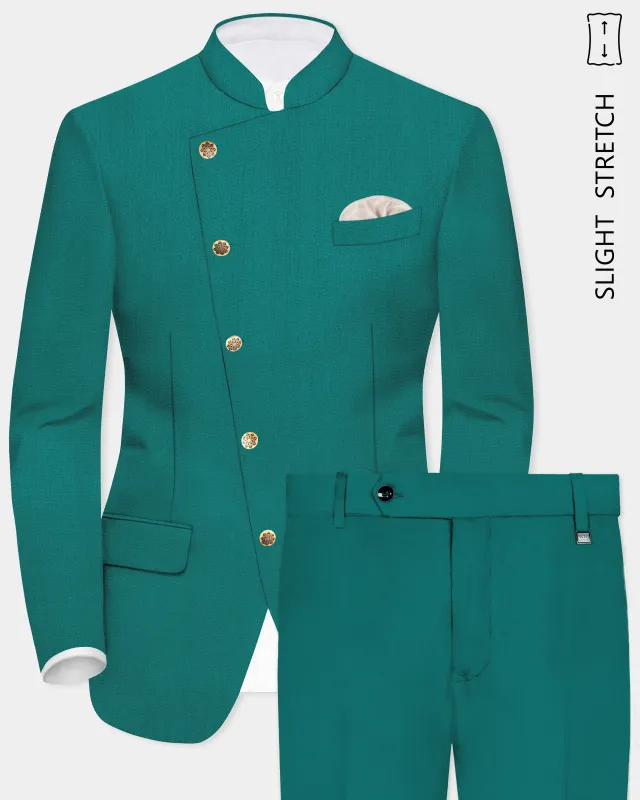 Verdant Classic-Surfie Green Solid Wool Rich Cross Placket Bandhgala Slight Stretch Suit sold by French Crown