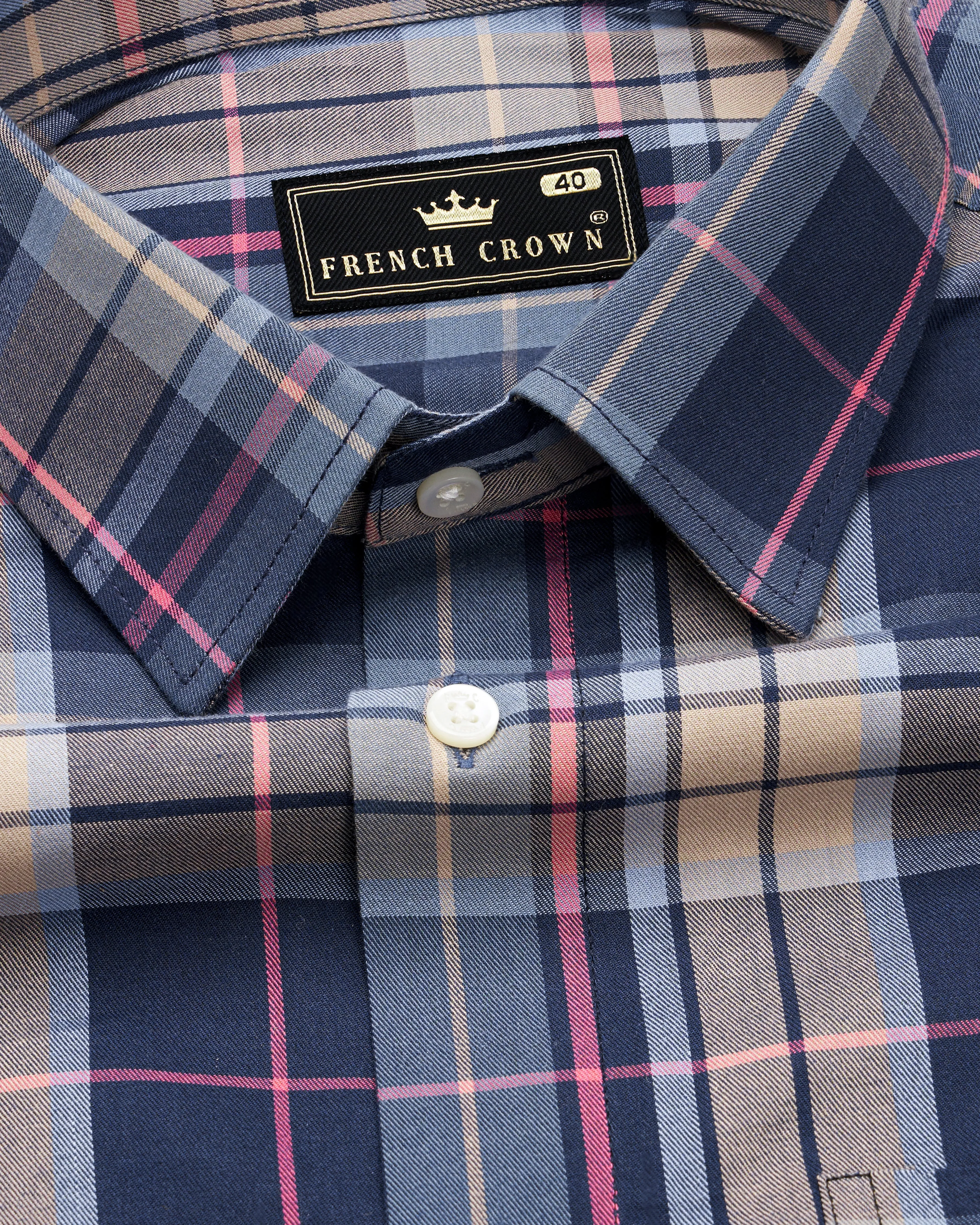 Blue with Thatch Brown Twill Checkered Premium Cotton Shirt sold by French Crown product image thumbnail 5