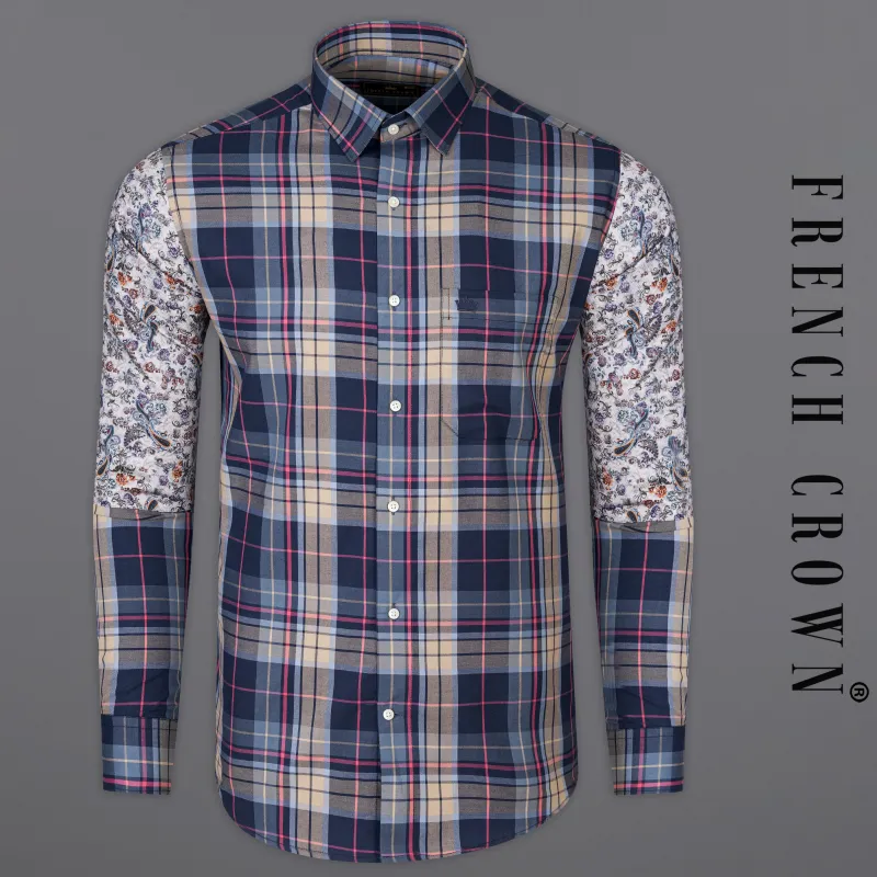 Blue with Thatch Brown Twill Checkered Premium Cotton Shirt sold by French Crown