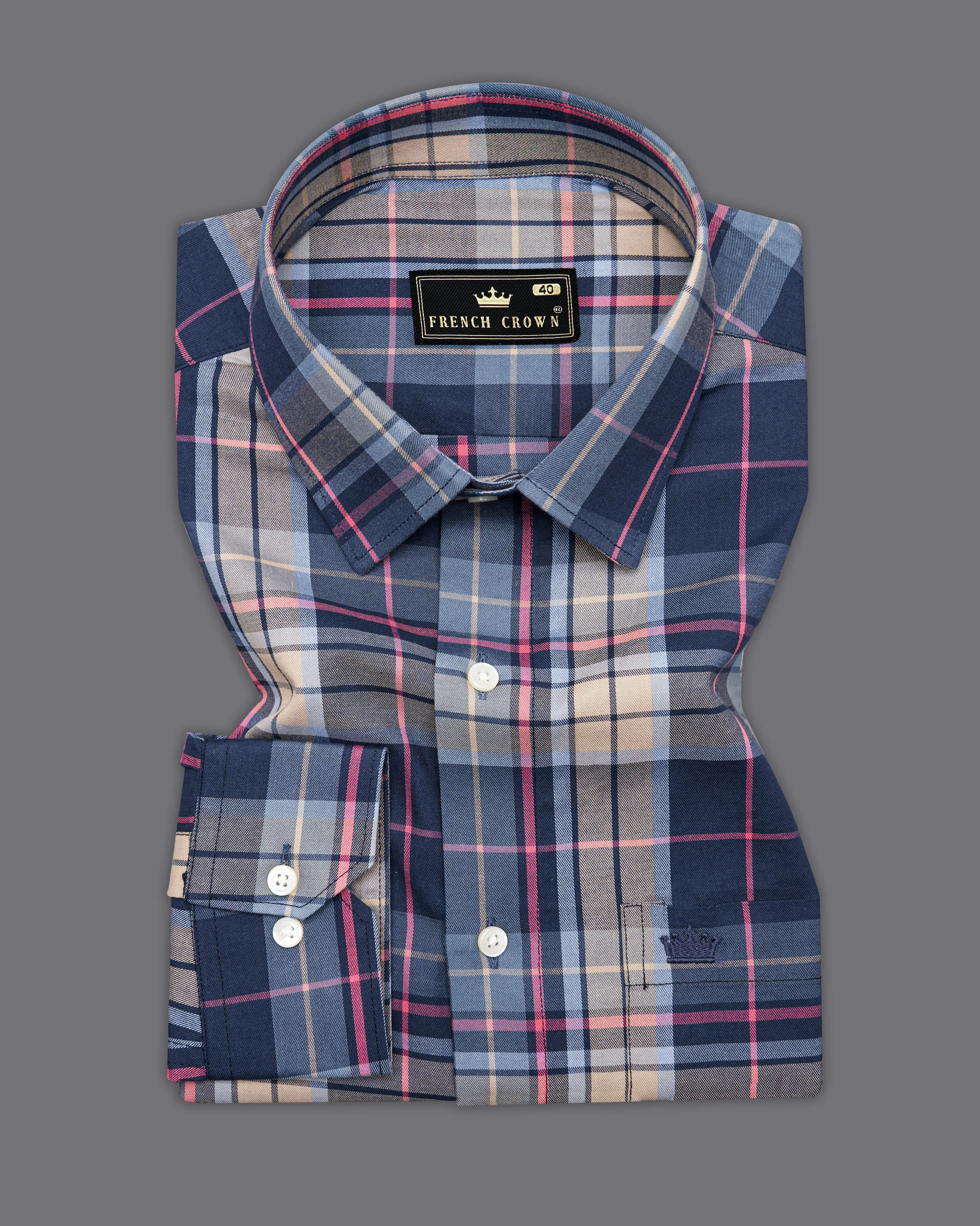 Blue with Thatch Brown Twill Checkered Premium Cotton Shirt sold by French Crown product image thumbnail 4
