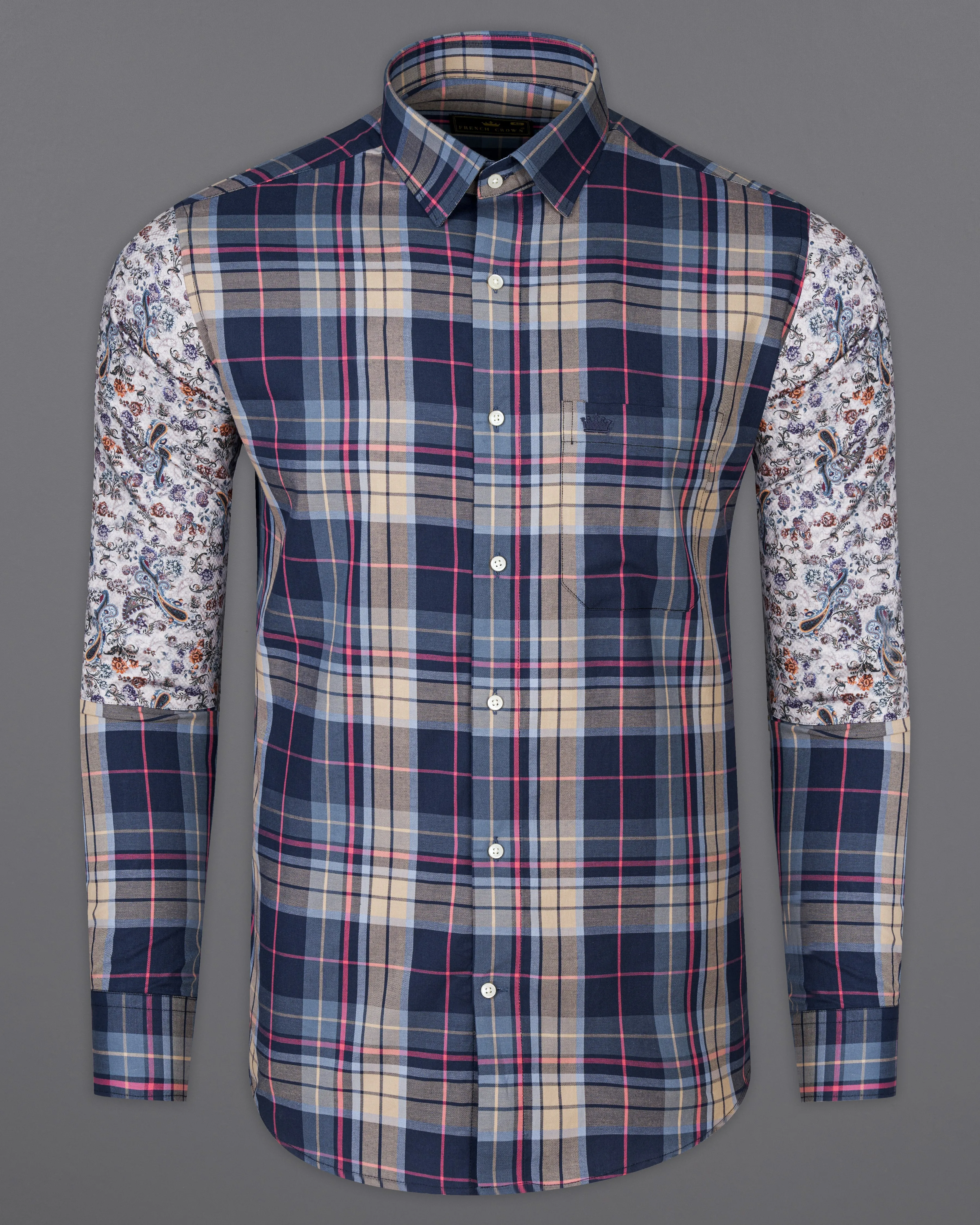 Blue with Thatch Brown Twill Checkered Premium Cotton Shirt sold by French Crown product image thumbnail 2