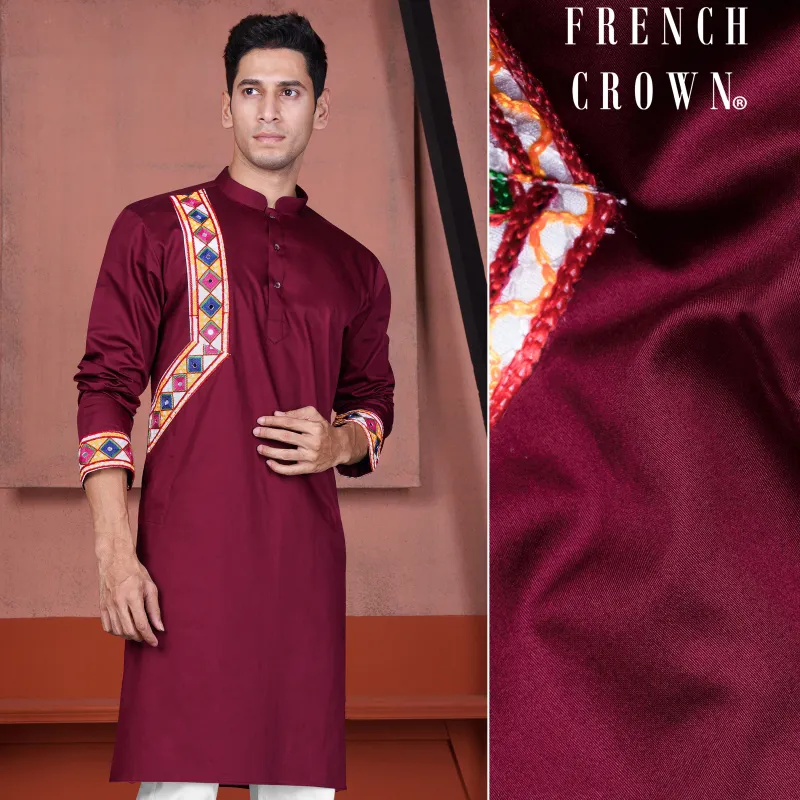 Crater Maroon Kutch Work Patches with Mirror Work Subtle Sheen Super Soft Premium Cotton Designer Kurta sold by French Crown