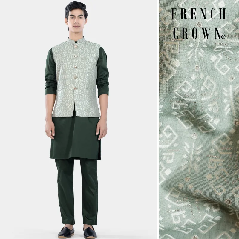 Timber Green Kurta Set with Pumice Green and White Jacquard Textured Designer Nehru Jacket sold by French Crown
