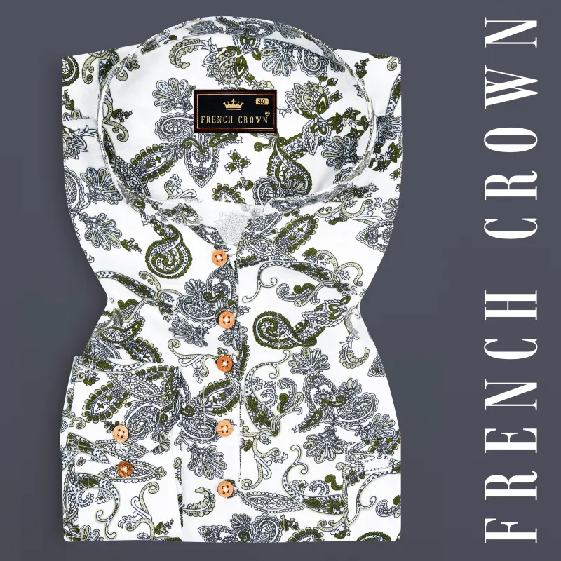 White Lilac and Rifle Green Paisley Printed Tencel Kurta Shirt sold by French Crown