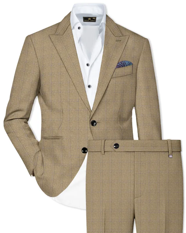 Terravo-Roman Brown Windowpane Wool Rich Single Breasted Suit made by French Crown
