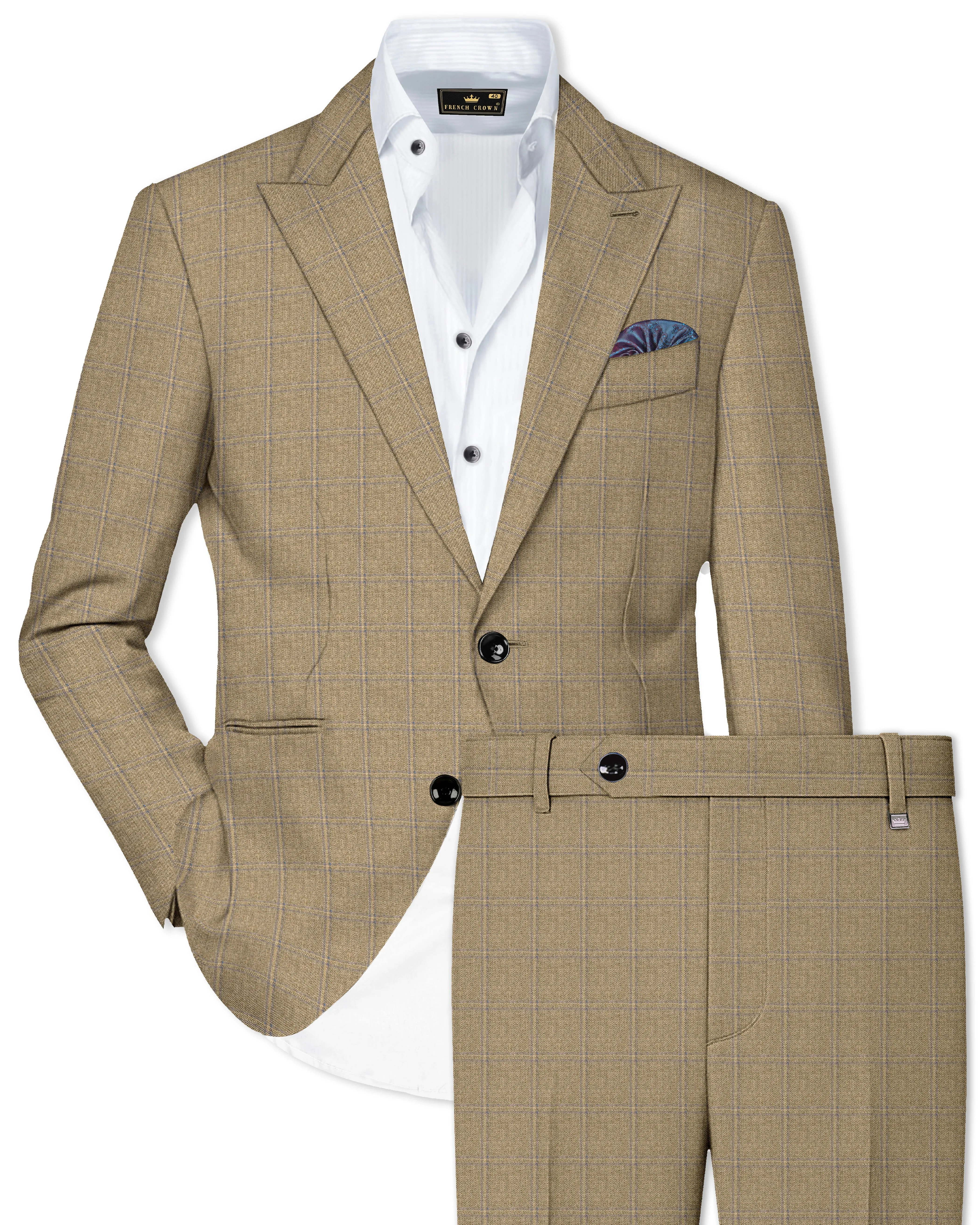 Terravo-Roman Brown Windowpane Wool Rich Single Breasted Suit sold by French Crown