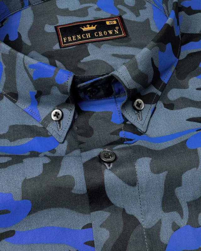 Indigo Blue with Cinder Camouflage Printed Royal Oxford Shirt sold by French Crown