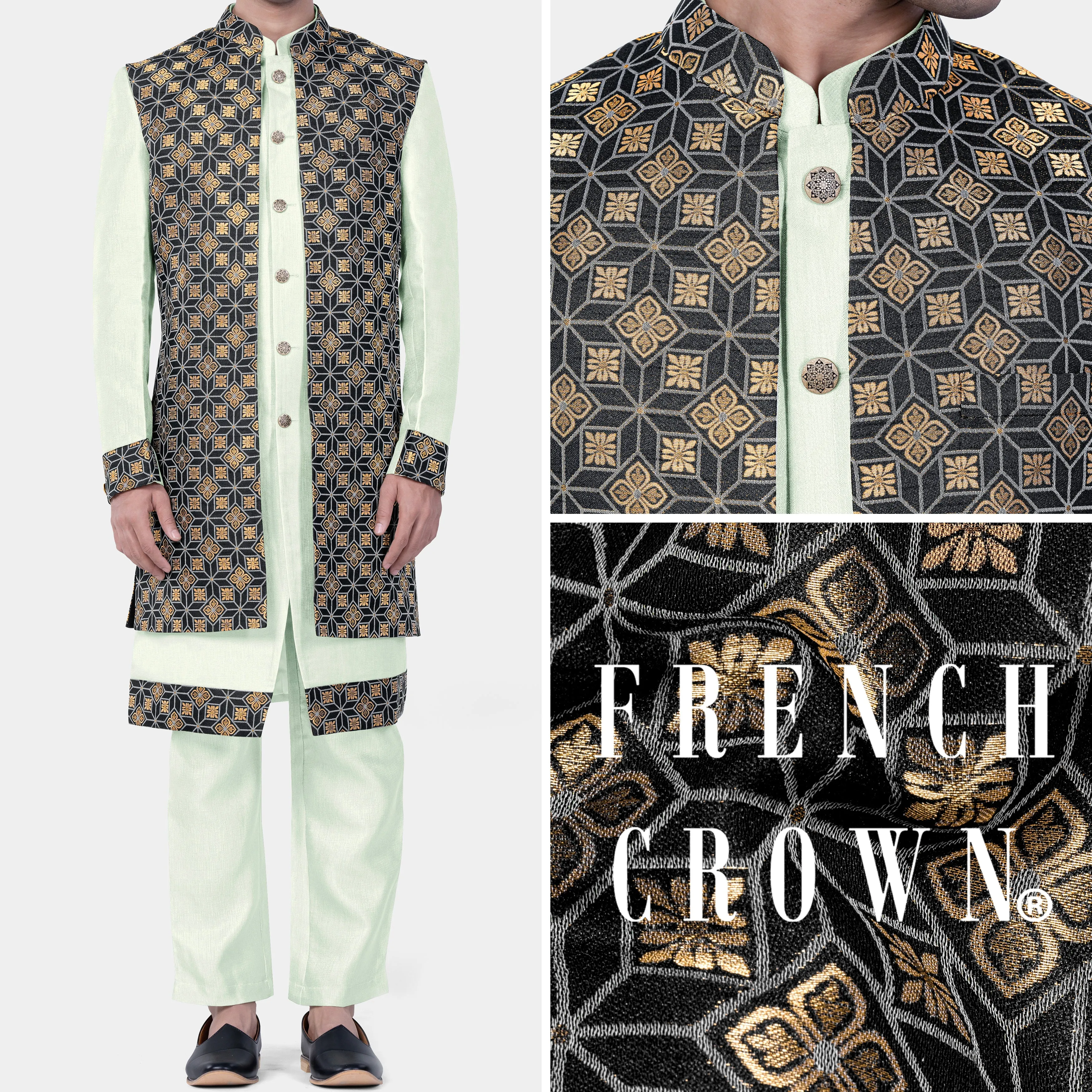 Zanah Green Jacquard Weave Indo-Western Set sold by French Crown