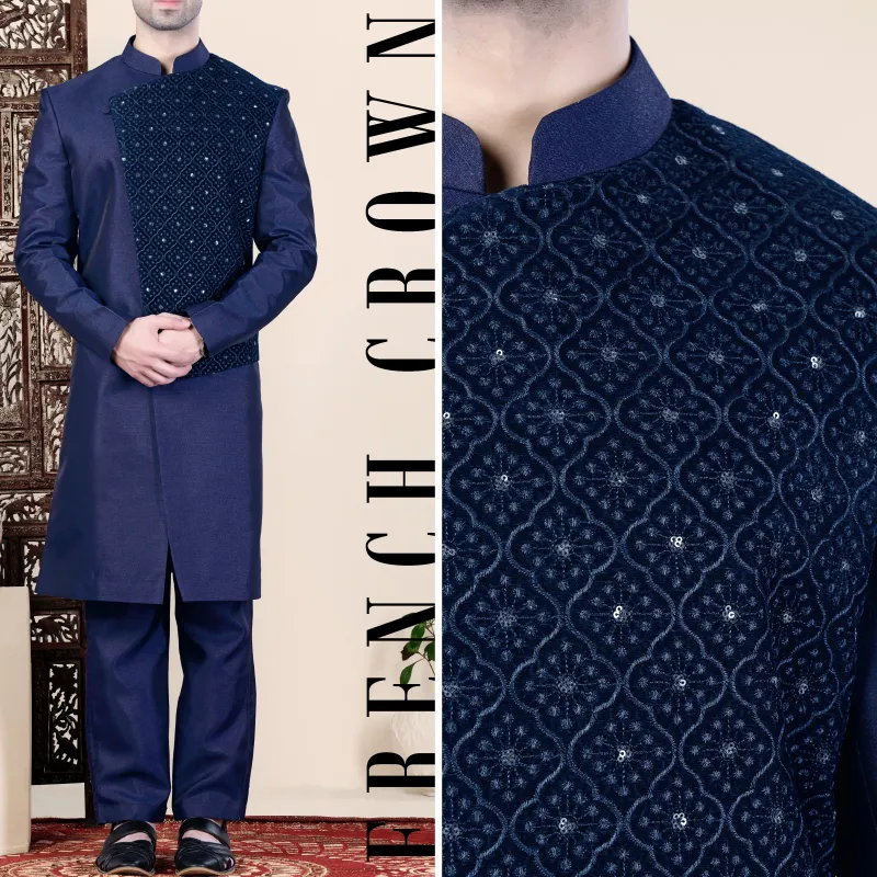 Cloud Burst and Haiti Blue Moroccan Thread and Sequin Embroidered Indo-Western Set sold by French Crown