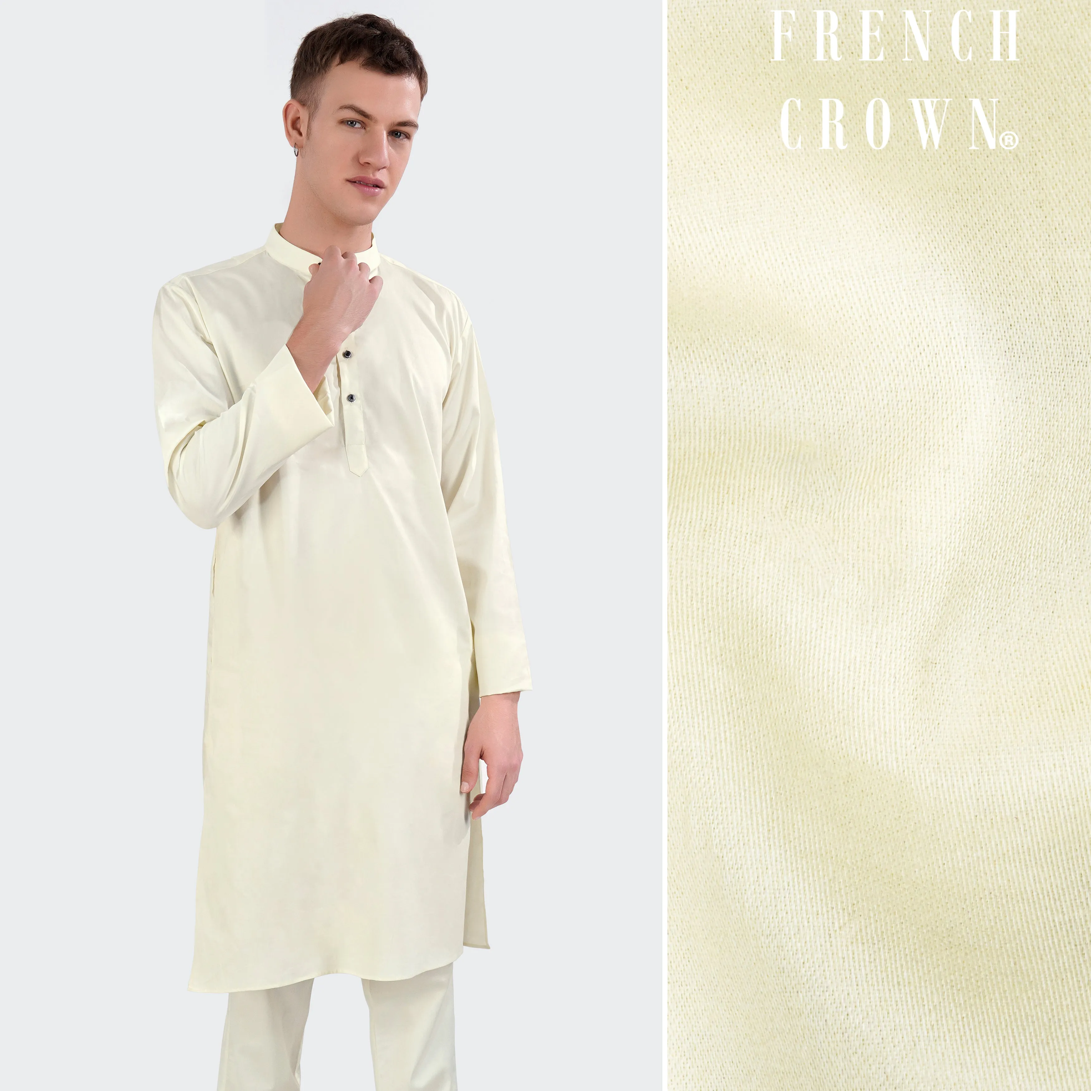 Merino Cream Subtle Sheen Super Soft Premium Cotton Kurta sold by French Crown