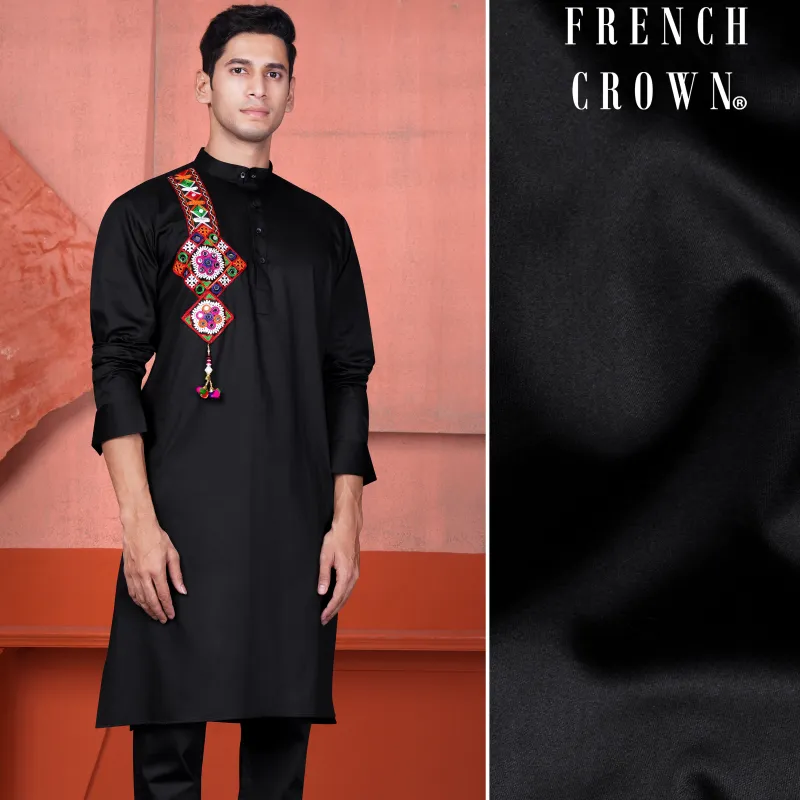Jade Black Multicolour Kutch Work Patches with Mirror Work Subtle Sheen Super Soft Premium Cotton Designer Kurta sold by French Crown