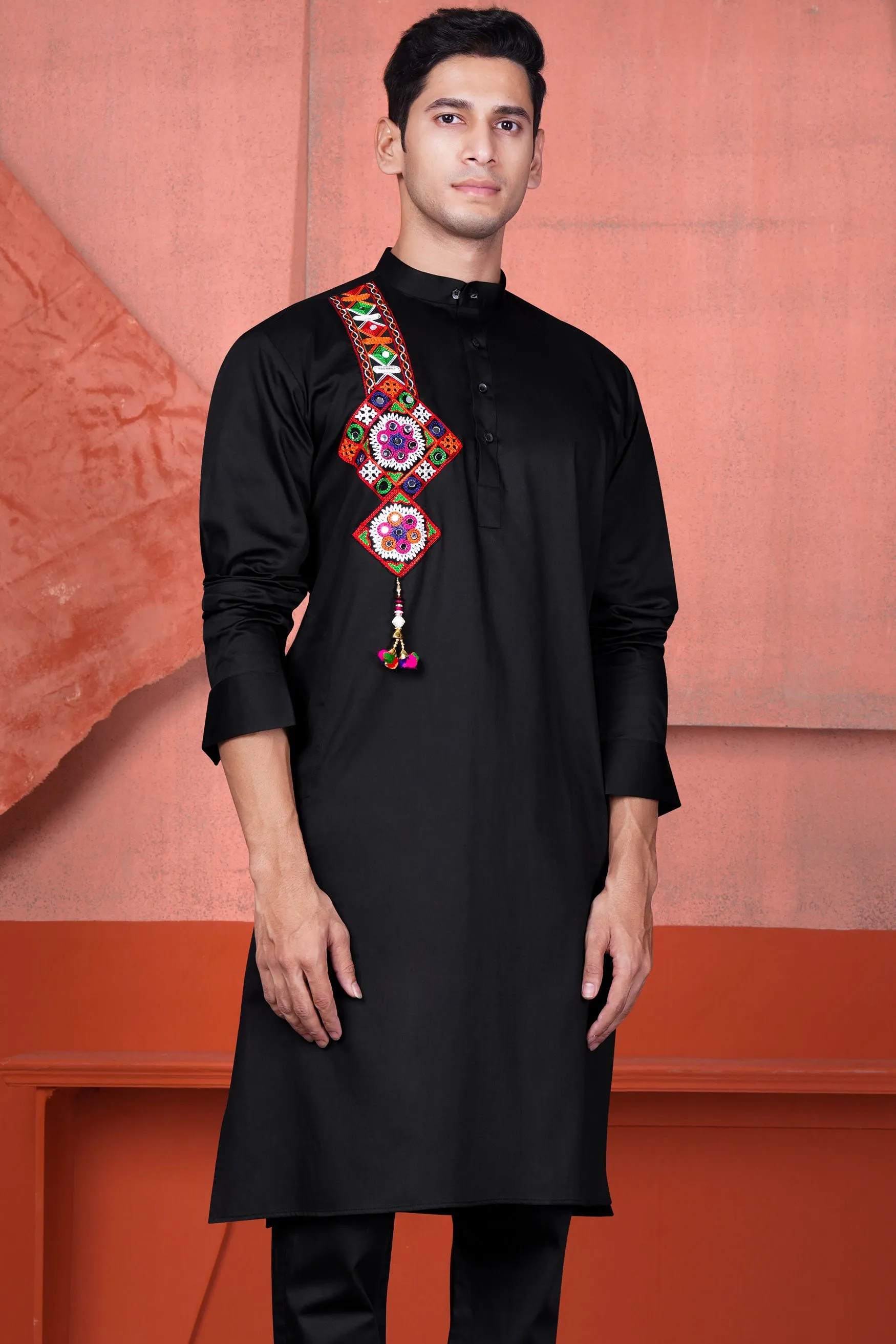 Jade Black Multicolour Kutch Work Patches with Mirror Work Subtle Sheen Super Soft Premium Cotton Designer Kurta sold by French Crown product image thumbnail 2