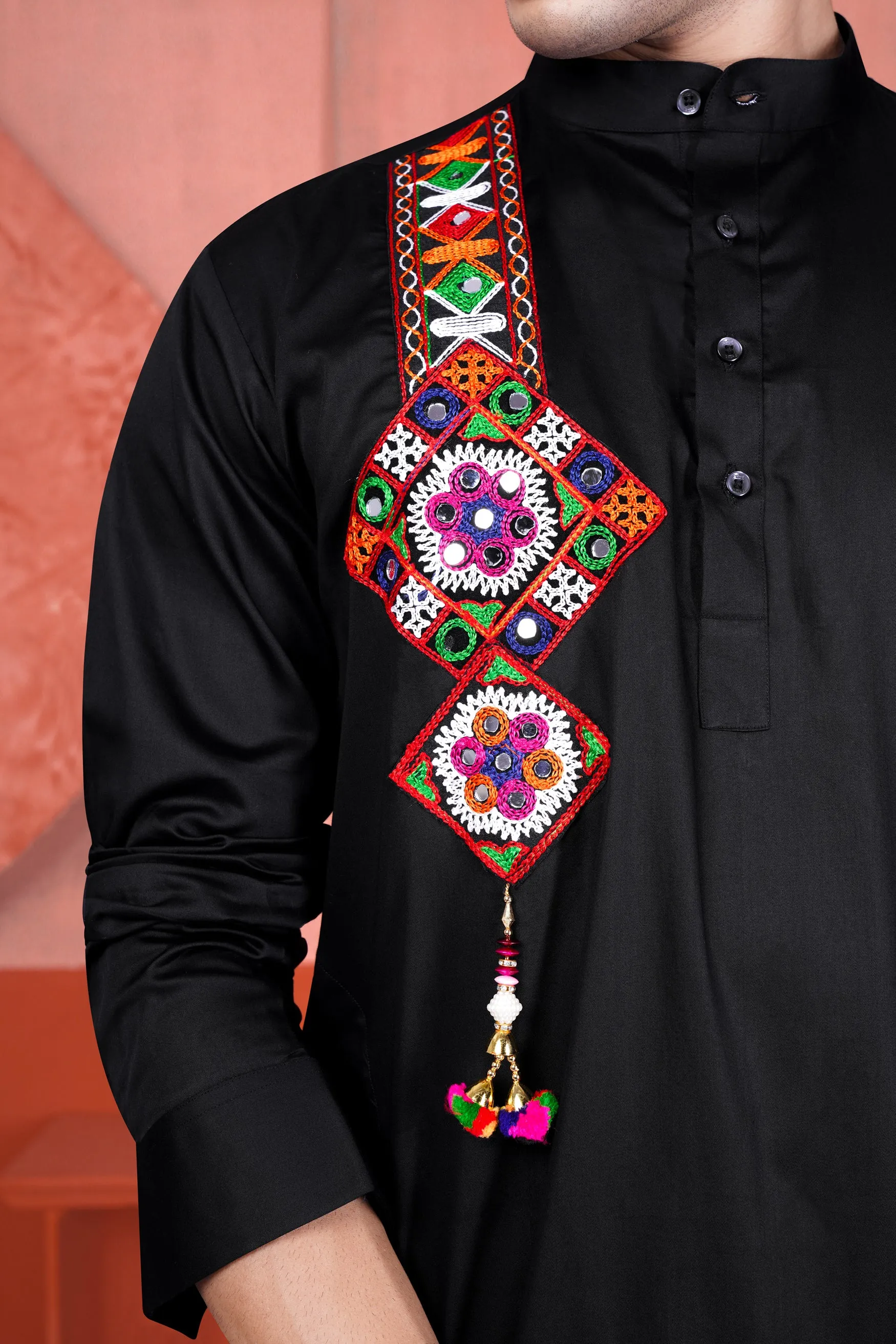 Jade Black Multicolour Kutch Work Patches with Mirror Work Subtle Sheen Super Soft Premium Cotton Designer Kurta sold by French Crown product image thumbnail 5