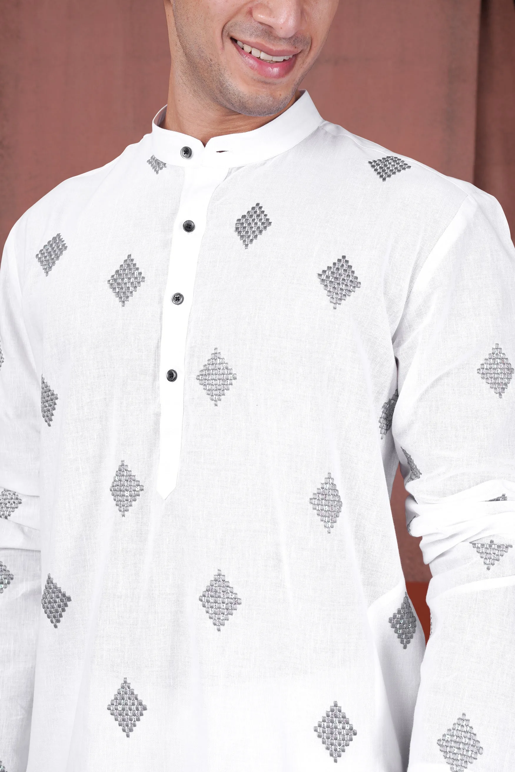 Bright White Geometric Embroidered Luxurious Linen Kurta sold by French Crown product image thumbnail 4