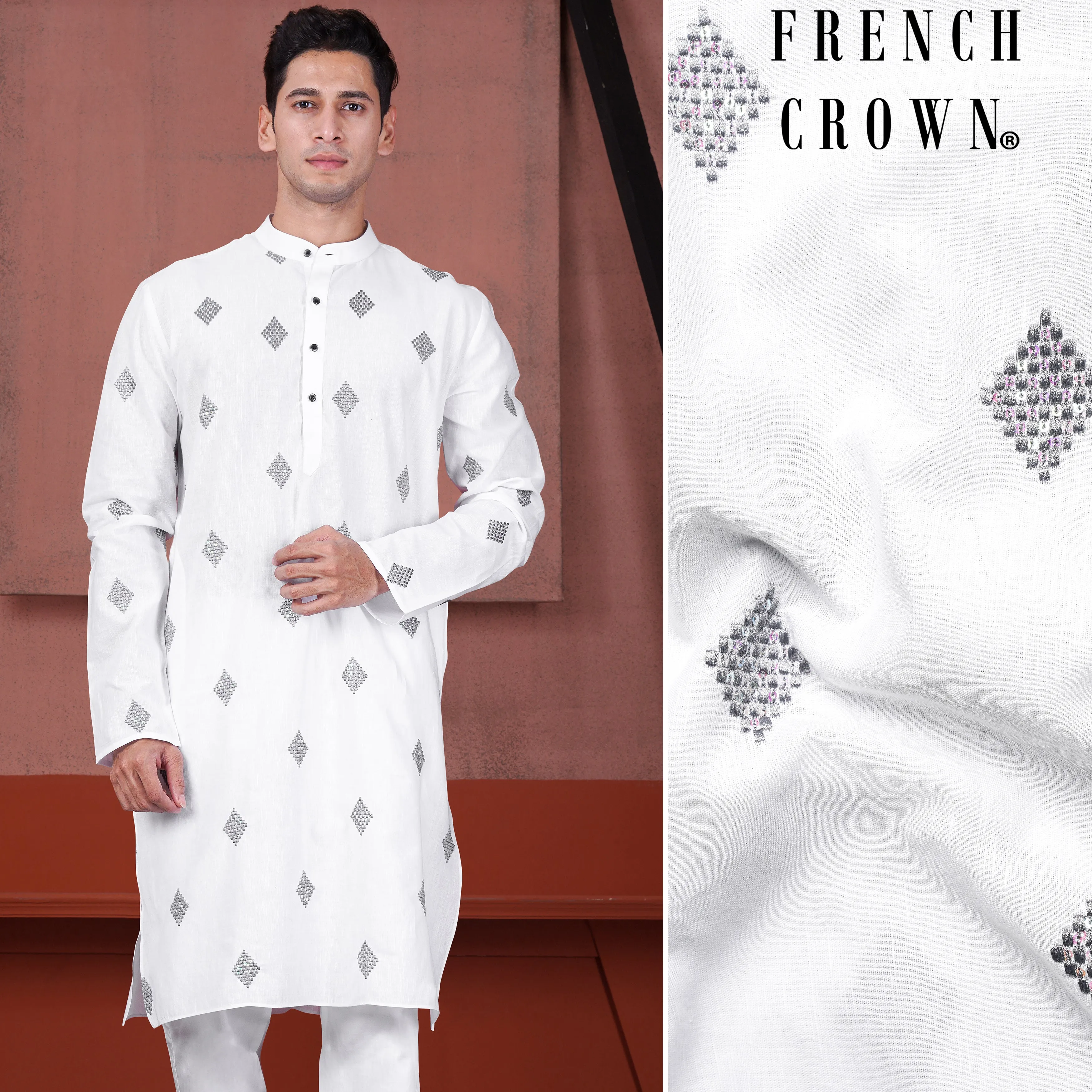 Bright White Geometric Embroidered Luxurious Linen Kurta sold by French Crown