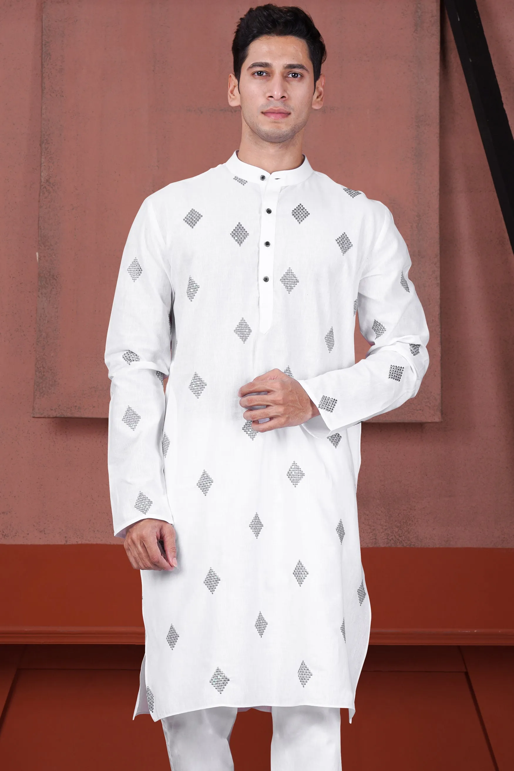 Bright White Geometric Embroidered Luxurious Linen Kurta sold by French Crown product image thumbnail 2