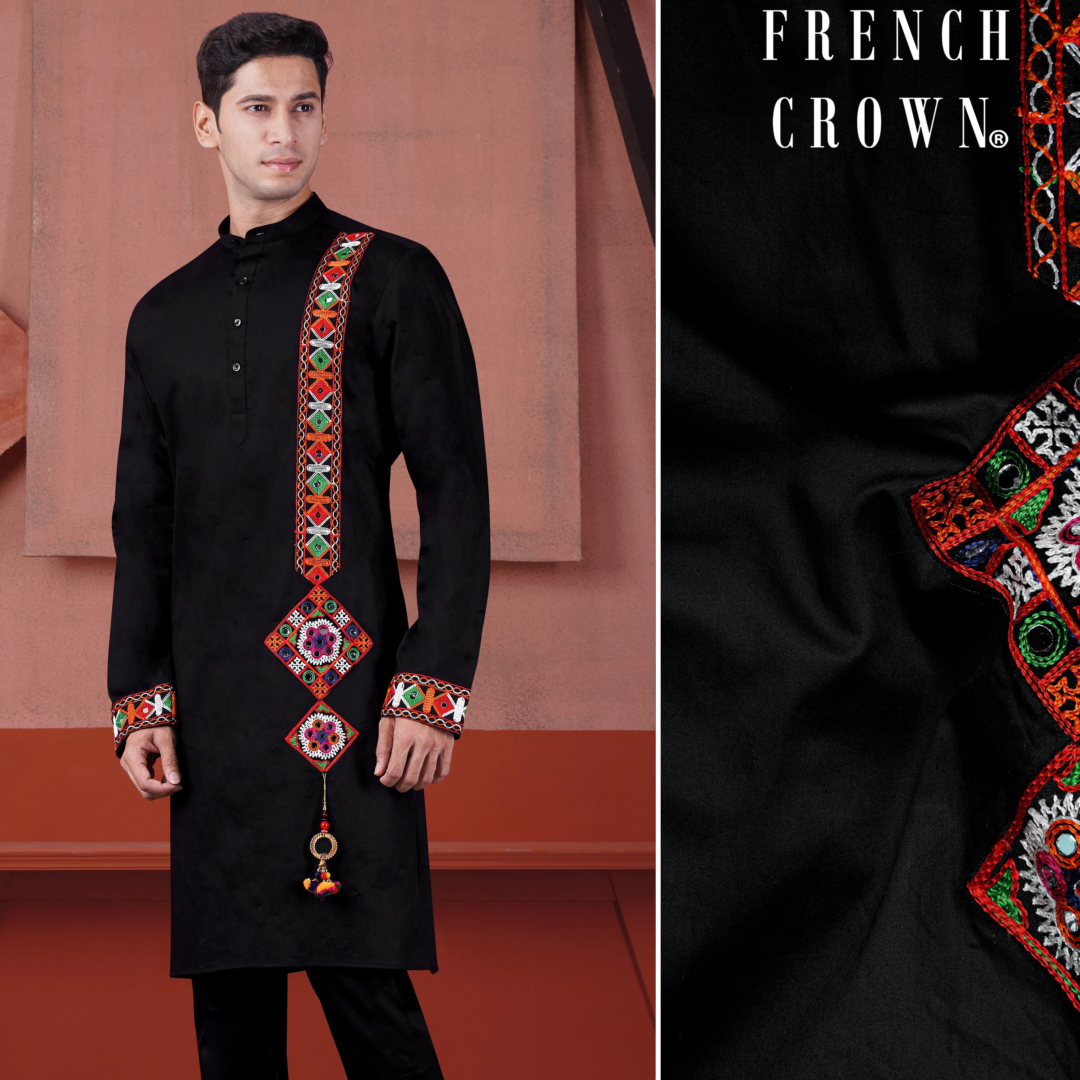 Jade Black Kutch Work Patches Subtle Sheen Super Soft Premium Cotton Designer Kurta sold by French Crown