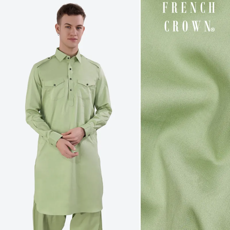 Swamp Green Subtle Sheen Super Soft Premium Cotton Pathani Kurta sold by French Crown