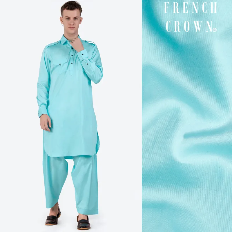 Blizzard Blue Subtle Sheen Super Soft Premium Cotton Pathani Set sold by French Crown