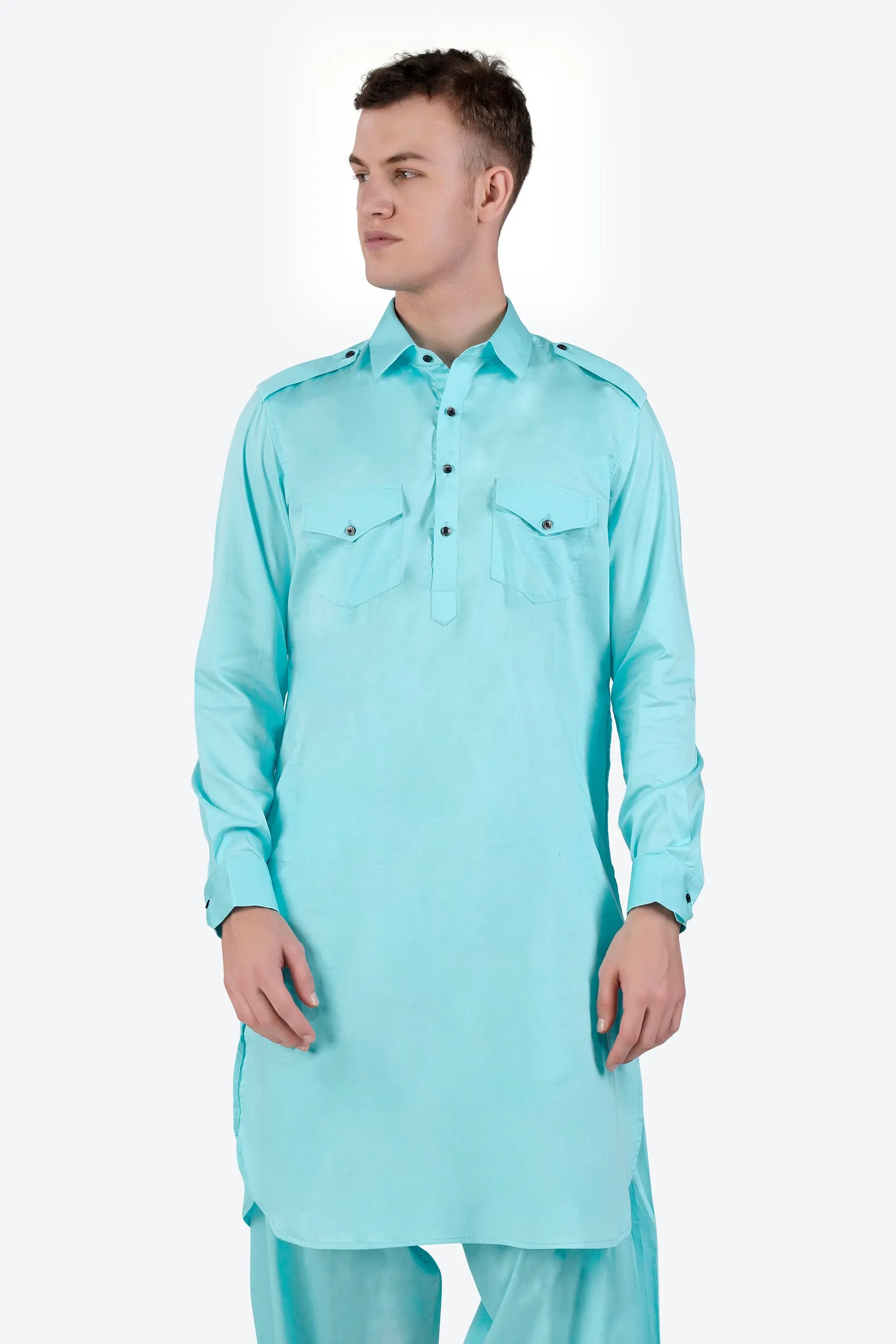 Blizzard Blue Subtle Sheen Super Soft Premium Cotton Pathani Kurta sold by French Crown product image thumbnail 5