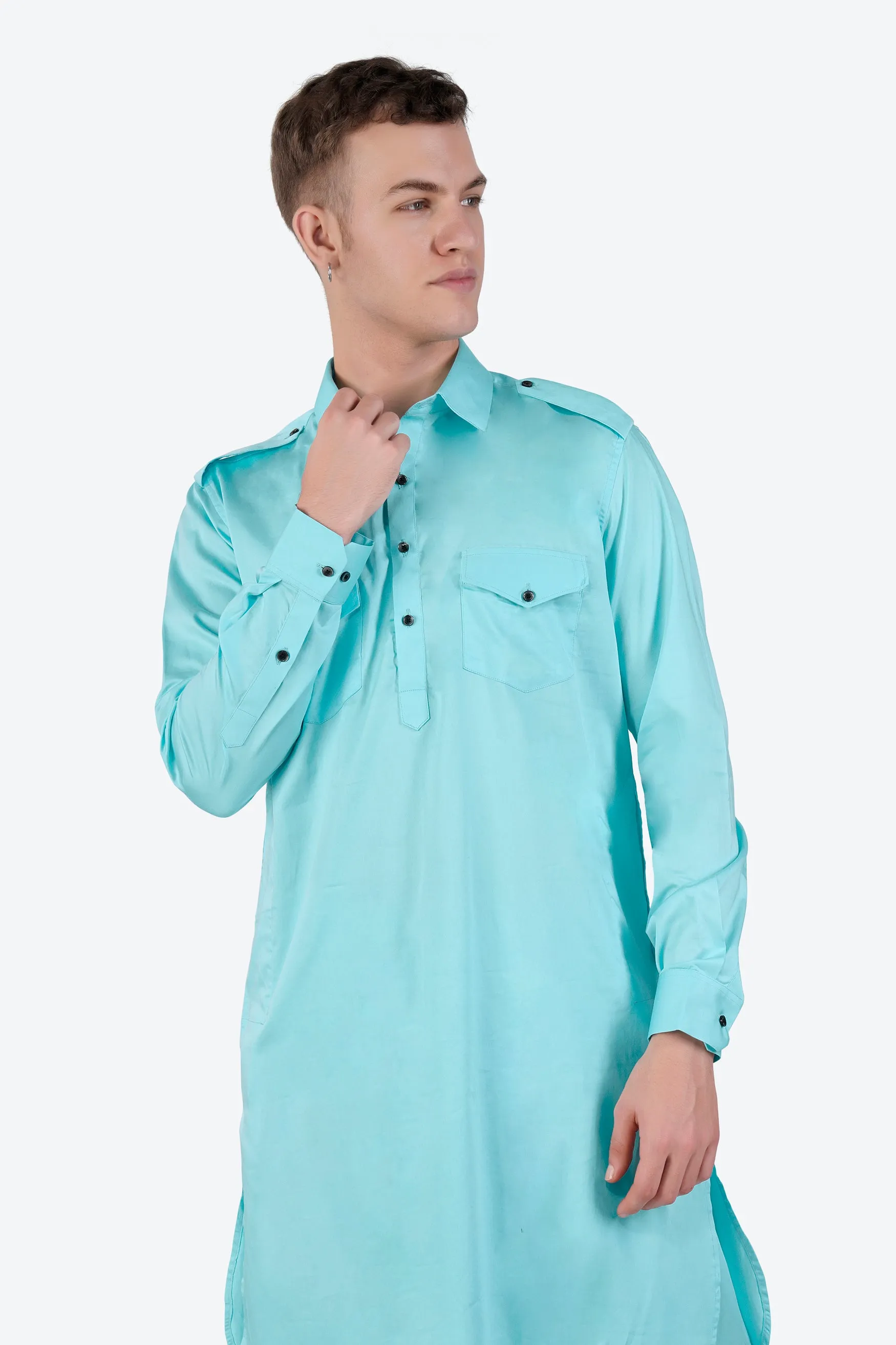 Blizzard Blue Subtle Sheen Super Soft Premium Cotton Pathani Kurta sold by French Crown product image thumbnail 4