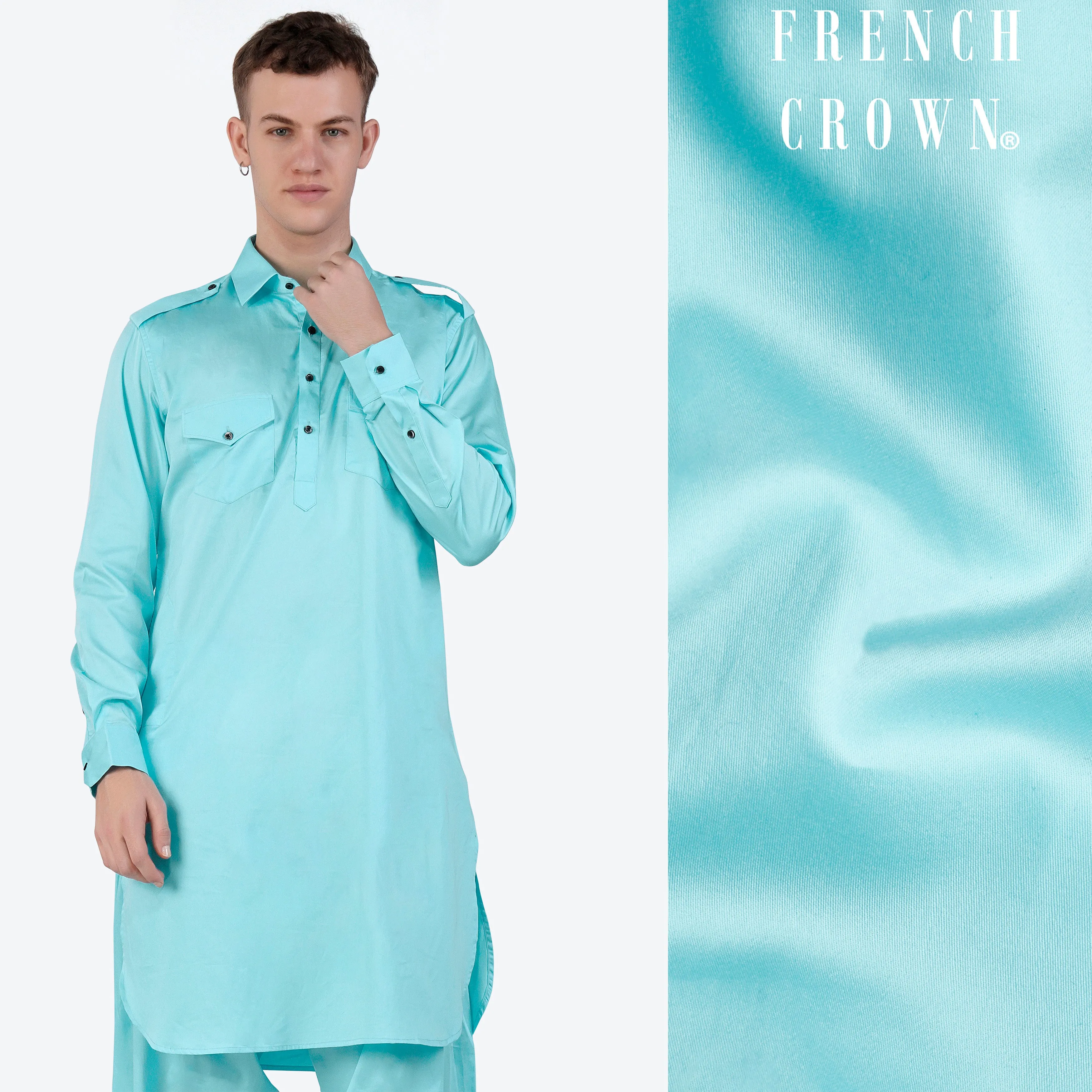Blizzard Blue Subtle Sheen Super Soft Premium Cotton Pathani Kurta sold by French Crown