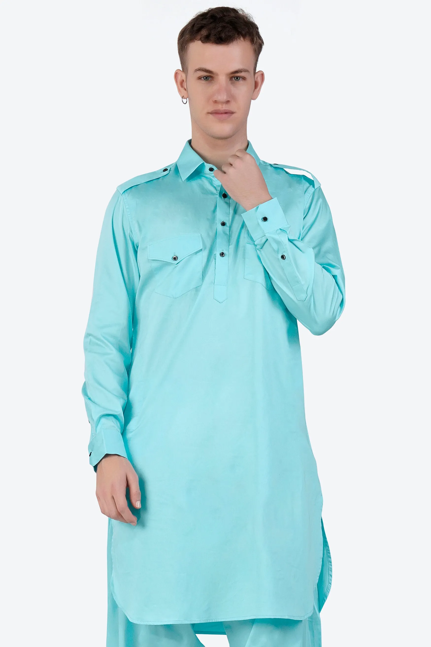 Blizzard Blue Subtle Sheen Super Soft Premium Cotton Pathani Kurta sold by French Crown product image thumbnail 2