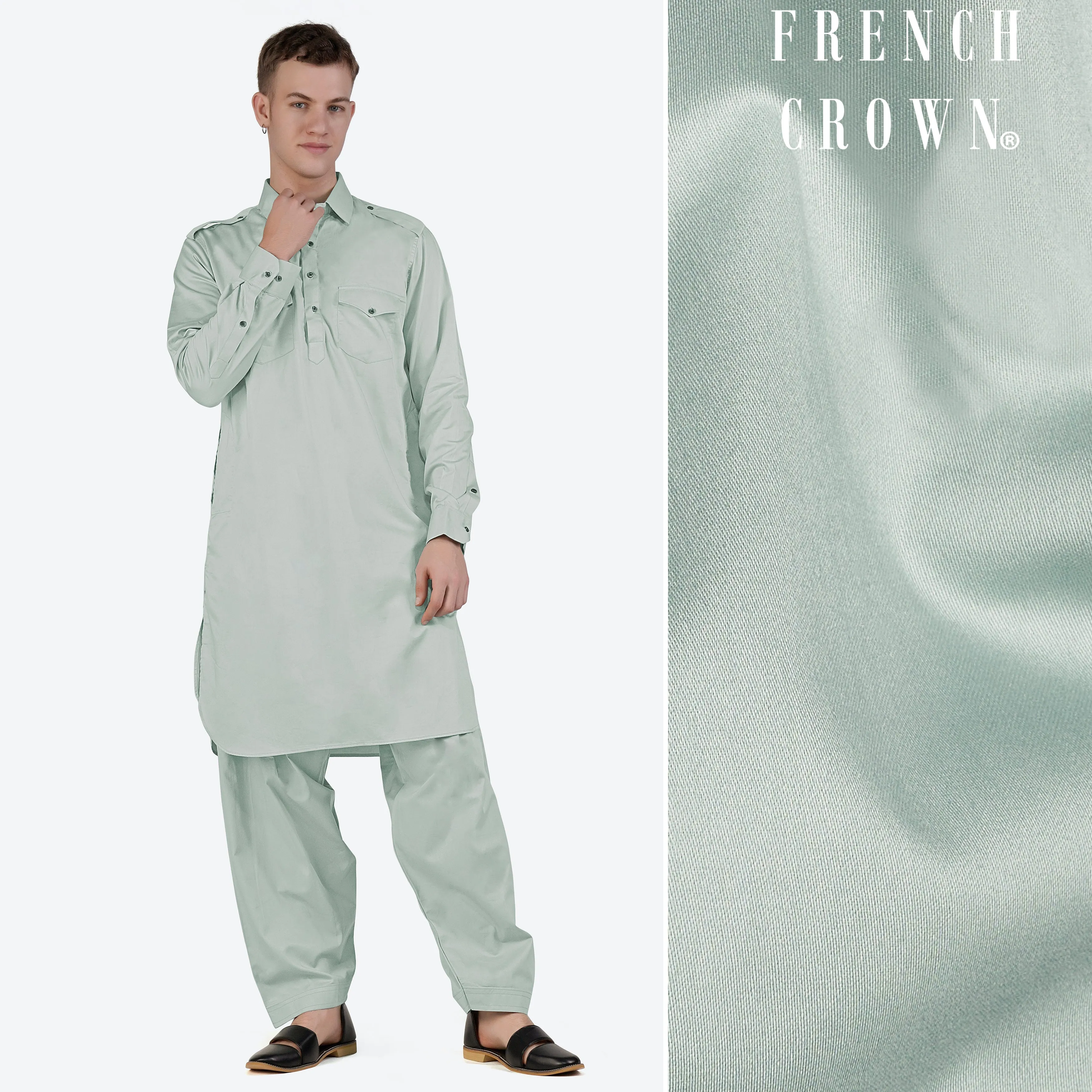 Periglacial Green Subtle Sheen Super Soft Premium Cotton Pathani Set sold by French Crown